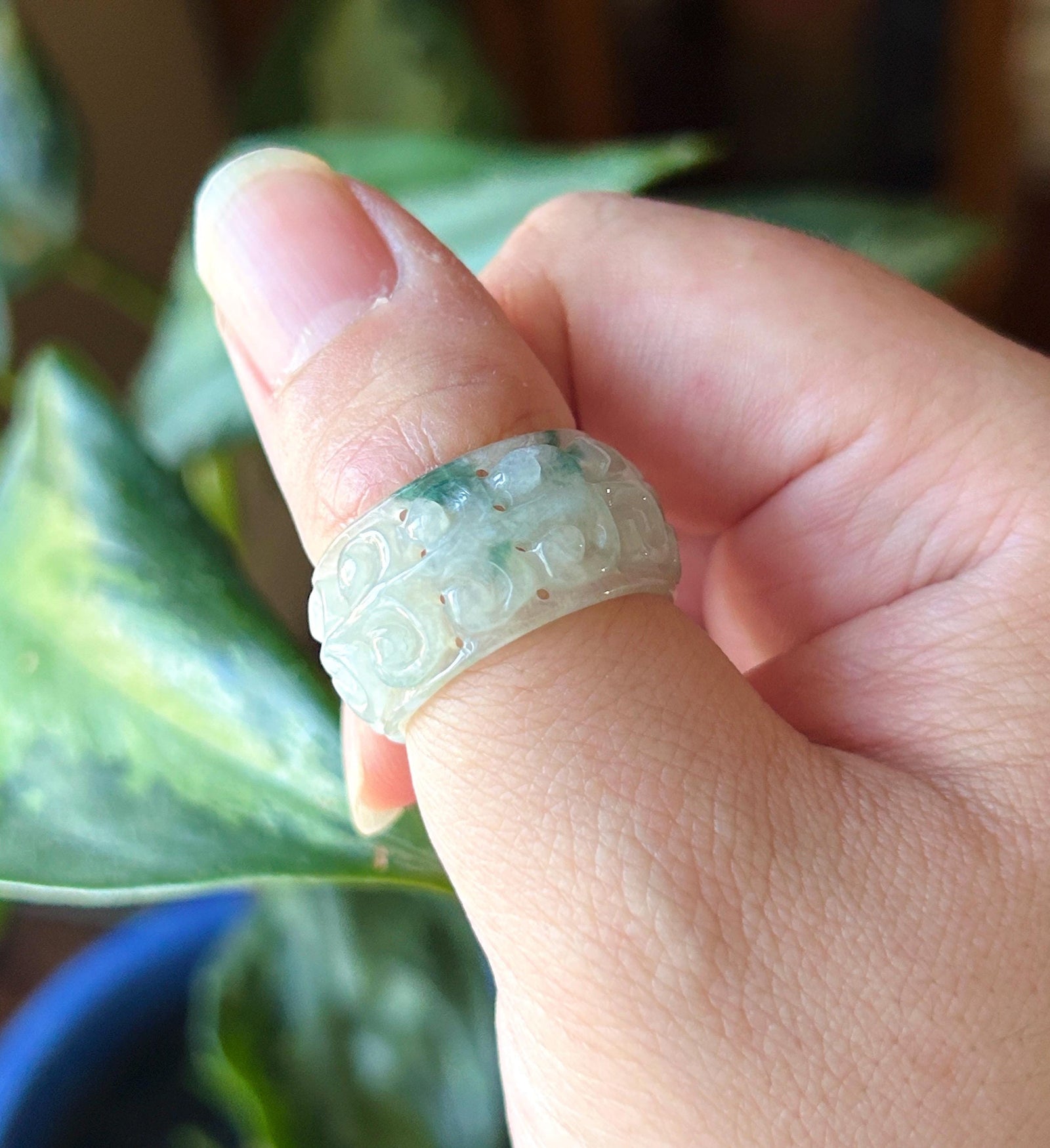 Certified Natural Jadeite Carved Auspicious Ring, Type A Burmese Icy Translucent Light Green & Bluish Green Floral Jade Wide Band, US 9