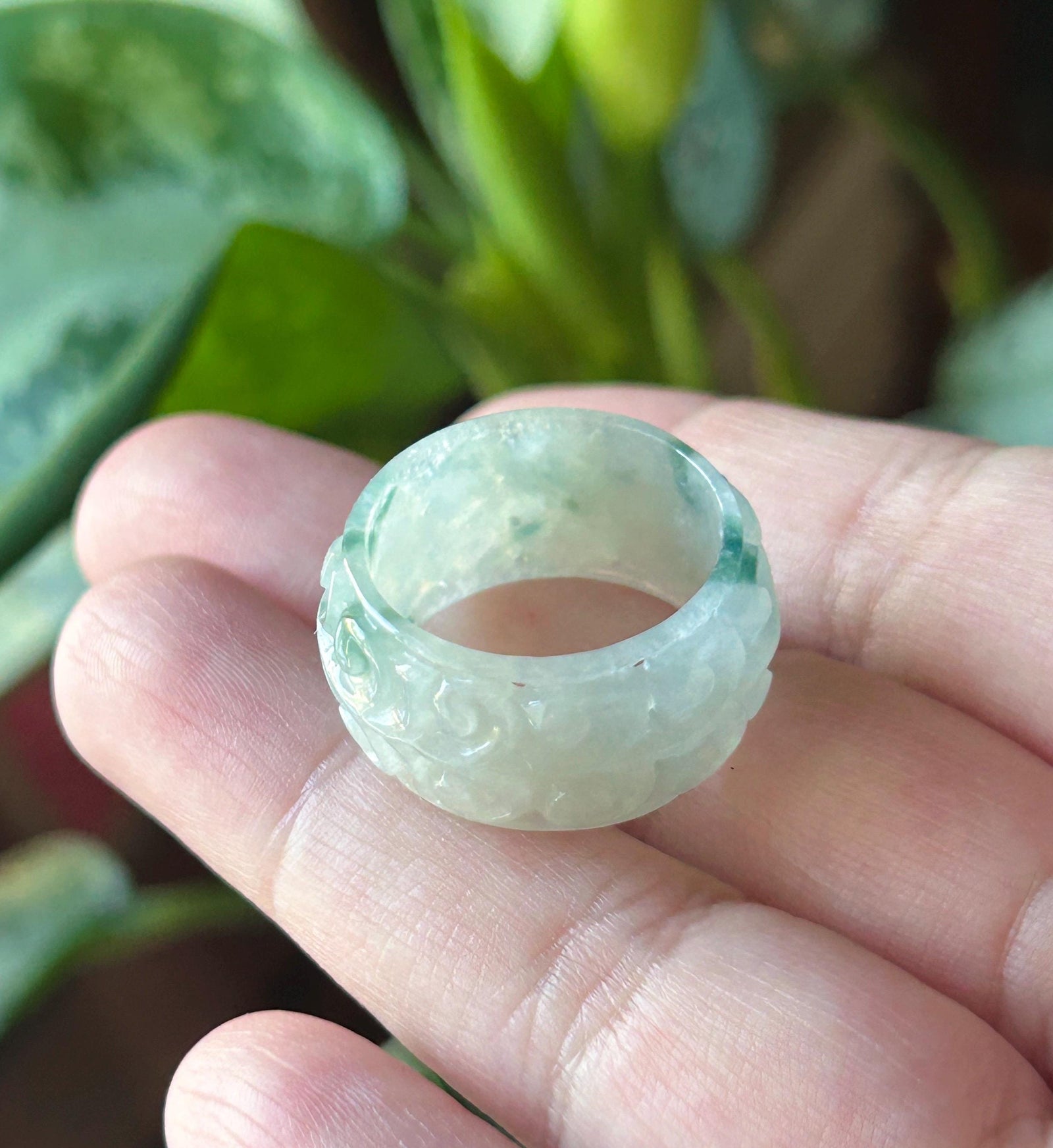 Certified Natural Jadeite Carved Auspicious Ring, Type A Burmese Icy Translucent Light Green & Bluish Green Floral Jade Wide Band, US 9
