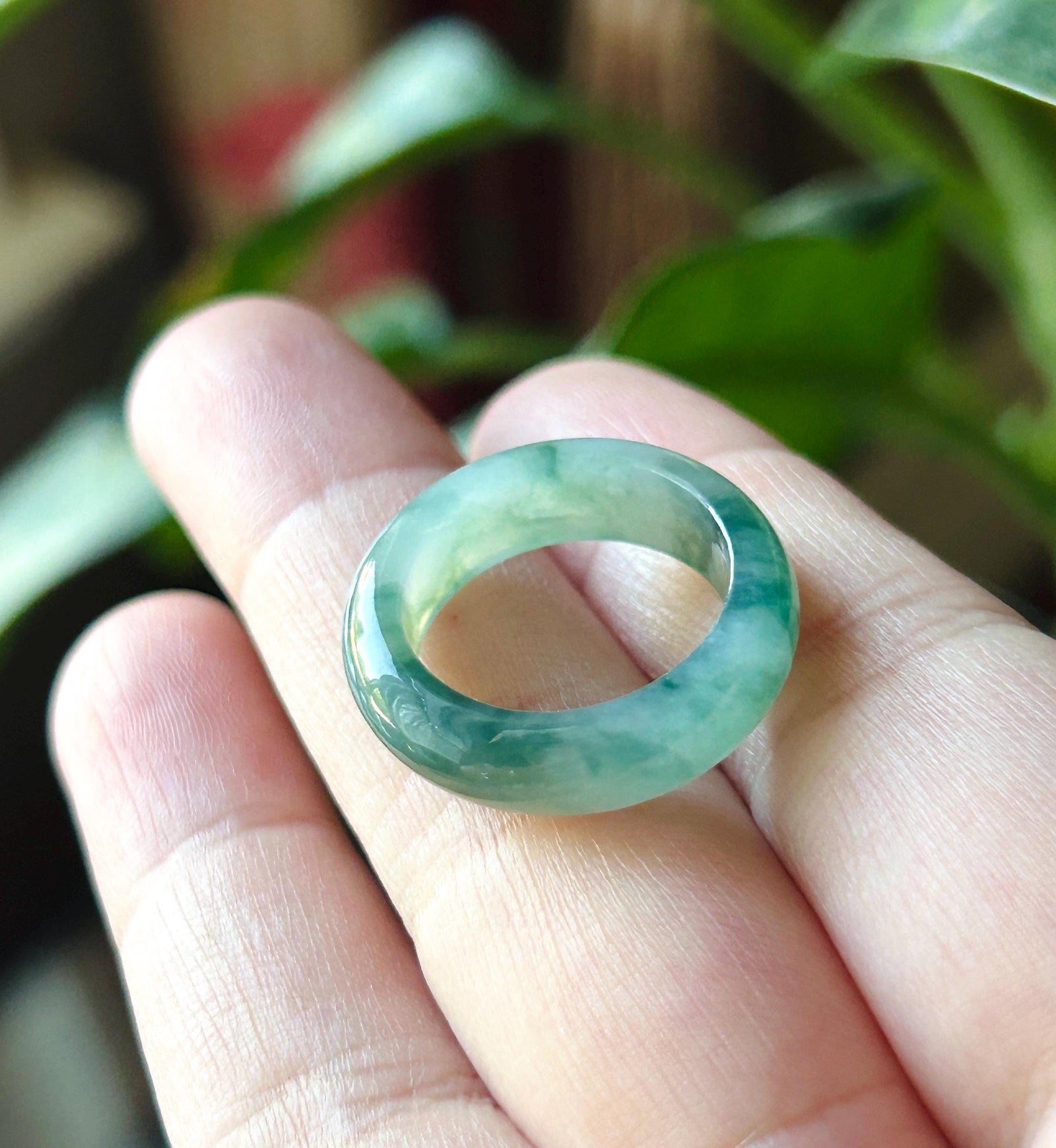 Certified Natural Jadeite Band Ring | Burmese Type A Translucent Icy Glutinous Bluish Green Floral Jade US - 6.25, 16.7mm