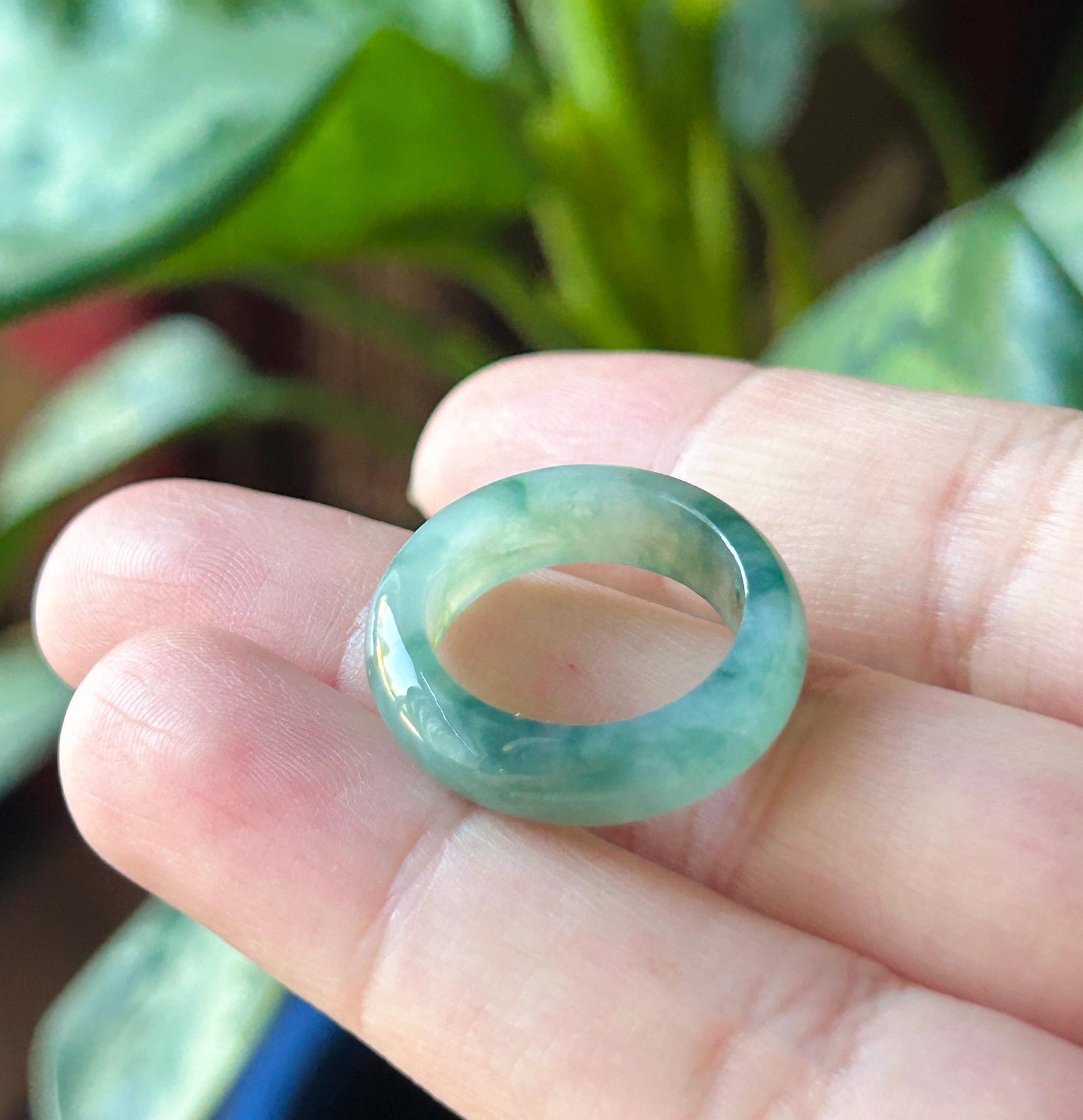 Certified Natural Jadeite Band Ring | Burmese Type A Translucent Icy Glutinous Bluish Green Floral Jade US - 6.25, 16.7mm
