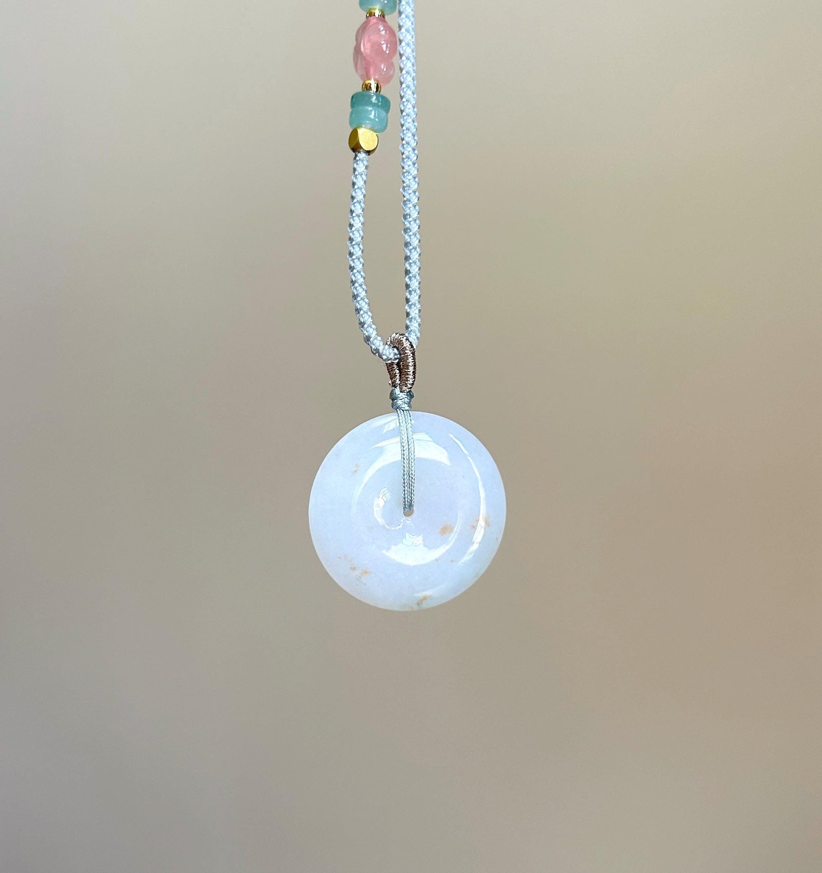 Natural Jadeite Lucky Donut Pendant Handwoven Necklace Burmese Type A Highly Translucent Icy White Red Floral Jade PingAnKou 30.3 x 5.9mm