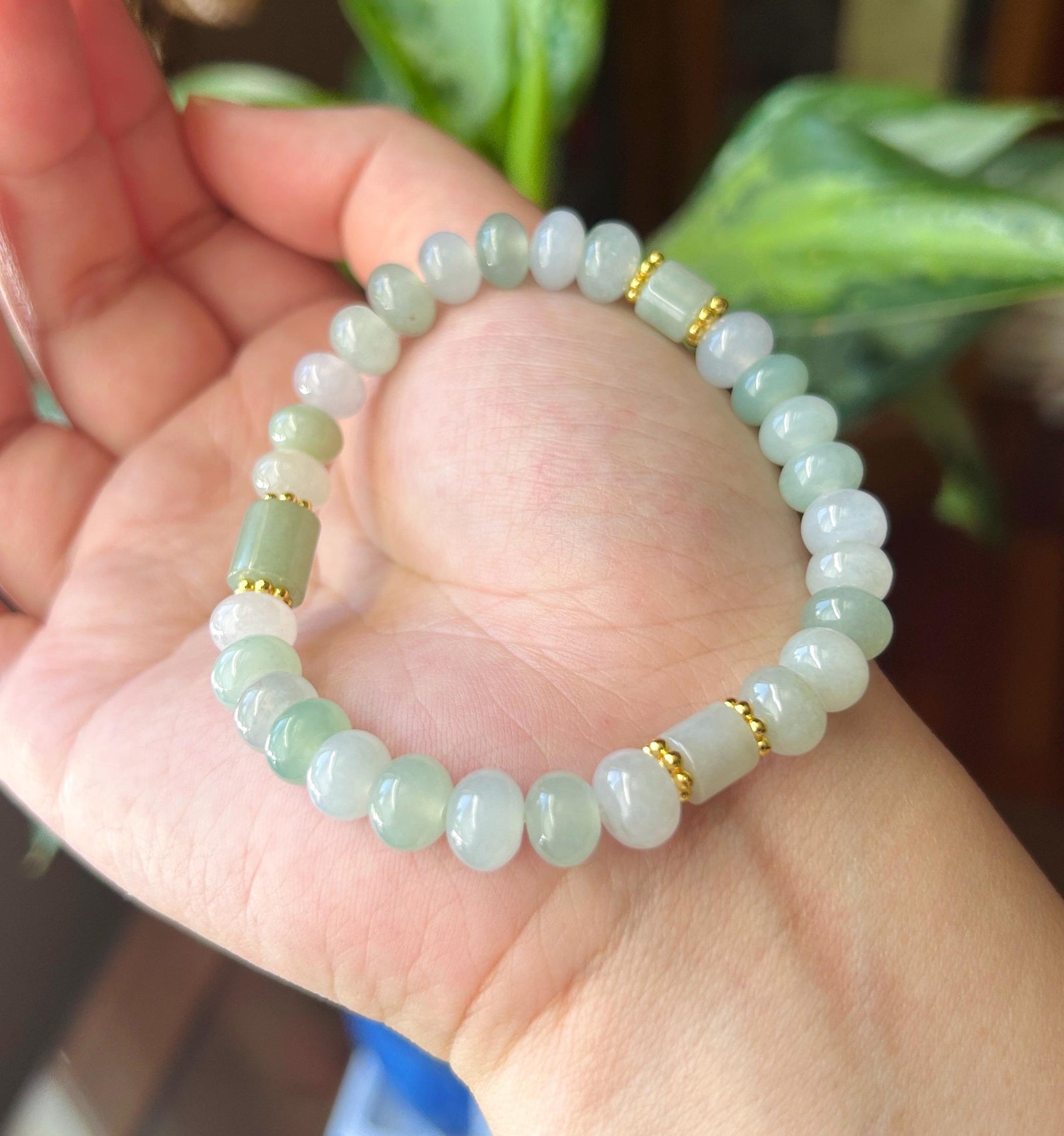 Natural Jadeite Beaded Bracelet – Burmese Type A Icy Translucent Fresh Multicolor Jade with Lulutong Focal, 8.5mm