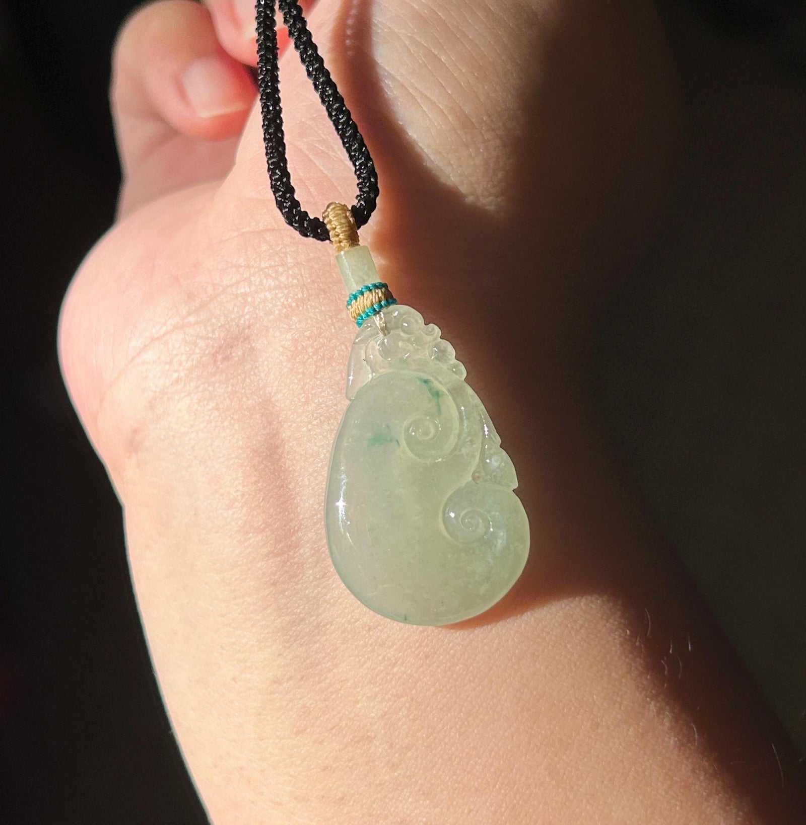 Natural Jadeite Ruyi Pendant Handwoven Necklace Burmese Type A Highly Translucent Icy Light Green Based Bluish Green Floral Jade