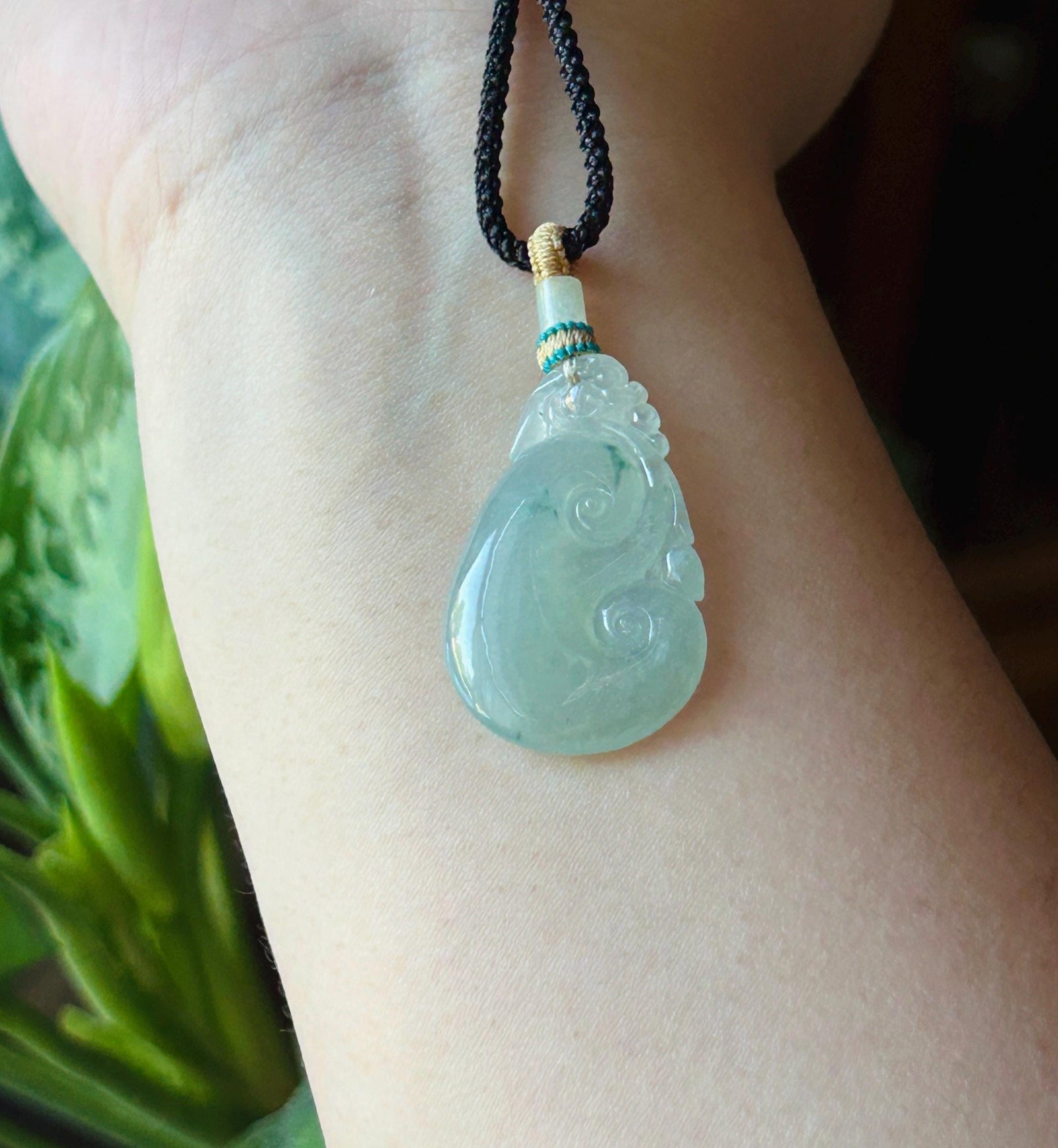 Natural Jadeite Ruyi Pendant Handwoven Necklace Burmese Type A Highly Translucent Icy Light Green Based Bluish Green Floral Jade