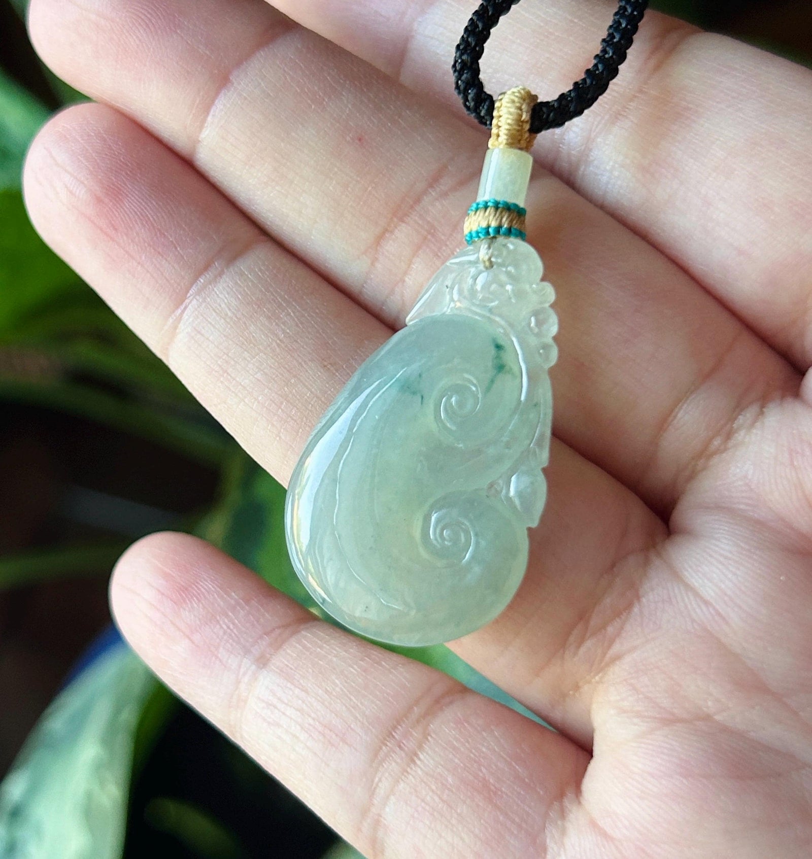 Natural Jadeite Ruyi Pendant Handwoven Necklace Burmese Type A Highly Translucent Icy Light Green Based Bluish Green Floral Jade