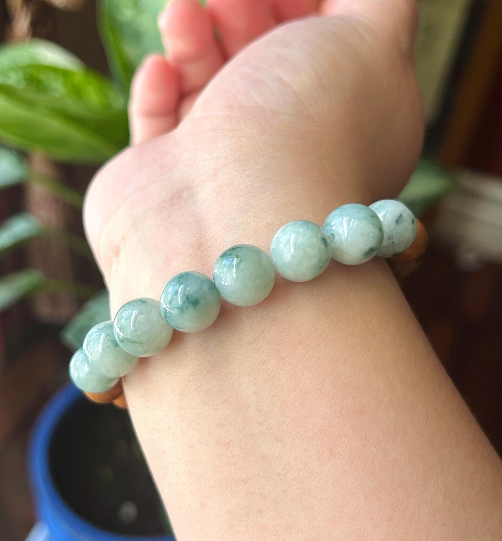 Natural Jadeite Beaded Bracelet Burmese Type A Untreated Fine Glutinous Zen Style Blue Floral Jade 11.5mm BIG Beads | Boxwood