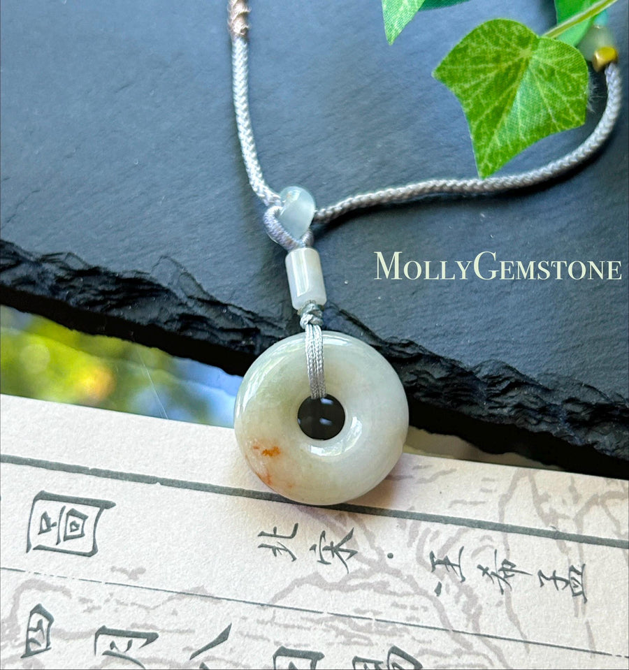 Natural Jadeite Donut Pendant Necklace Burmese Type A Fine Glutinous Icy Red Floral Jade Peace Buckle