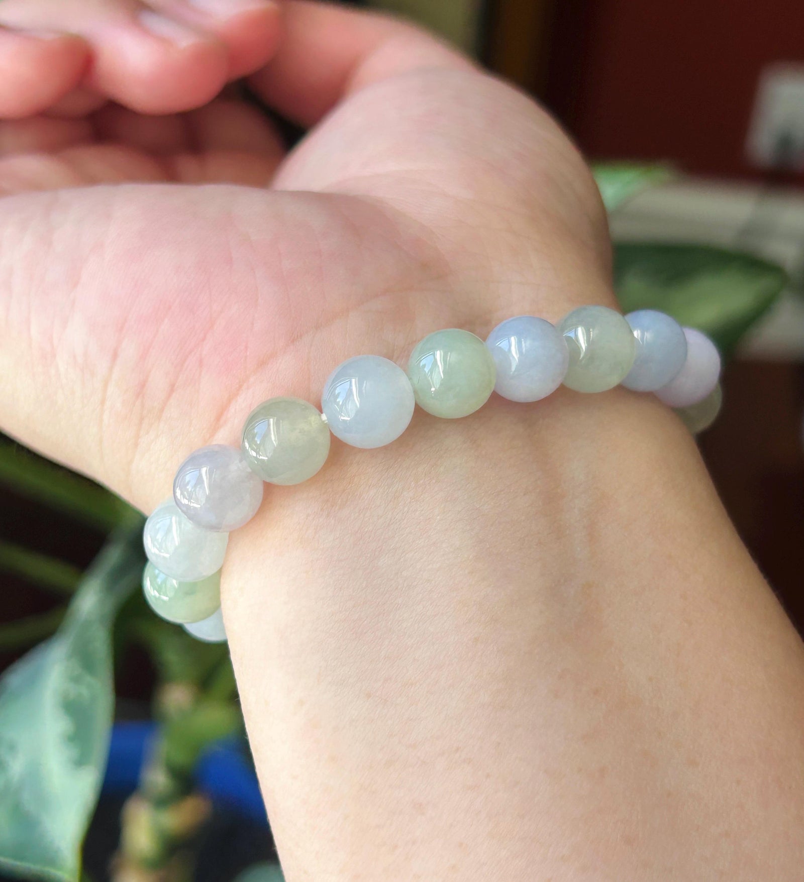 Natural Jadeite Beaded Bracelet Burmese Type A Highly Translucent Fine Icy Macaron Pale Icy Green & Lavender Jade 9mm