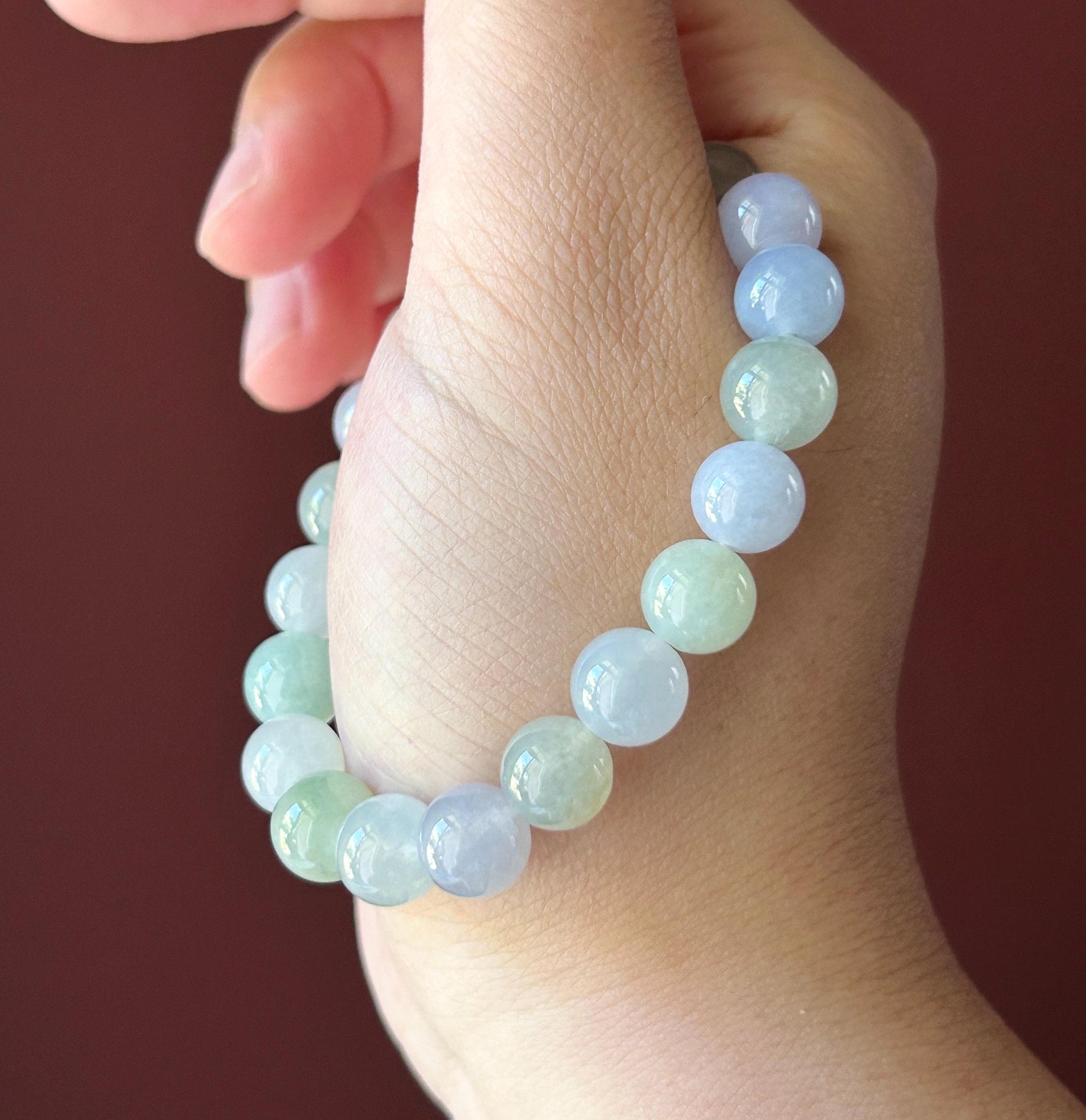 Natural Jadeite Beaded Bracelet Burmese Type A Highly Translucent Fine Icy Macaron Pale Icy Green & Lavender Jade 9mm