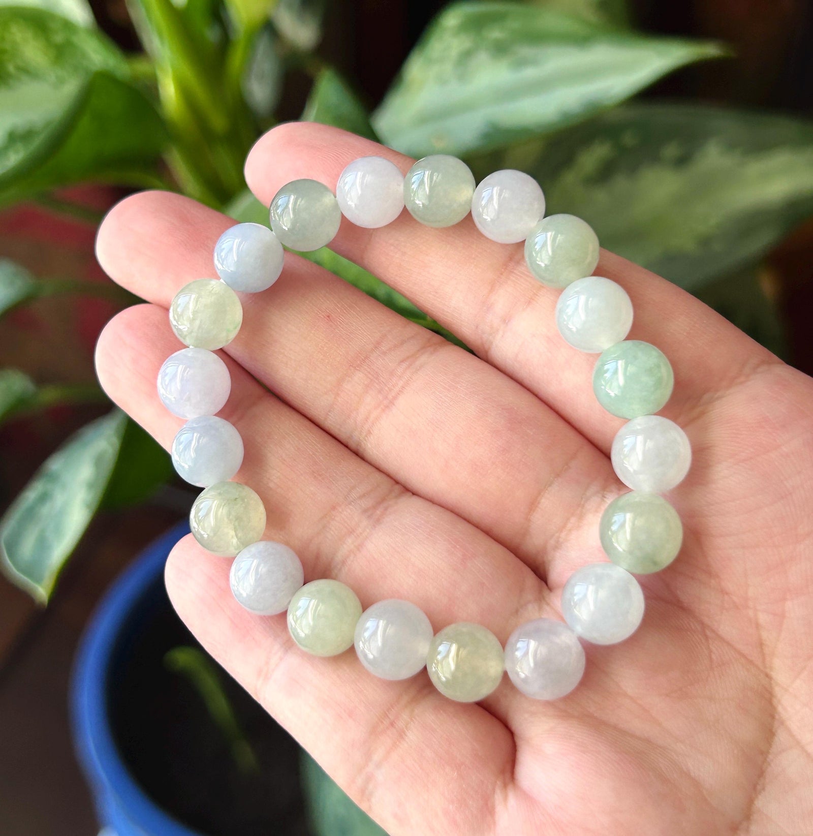Natural Jadeite Beaded Bracelet Burmese Type A Highly Translucent Fine Icy Macaron Pale Icy Green & Lavender Jade 9mm