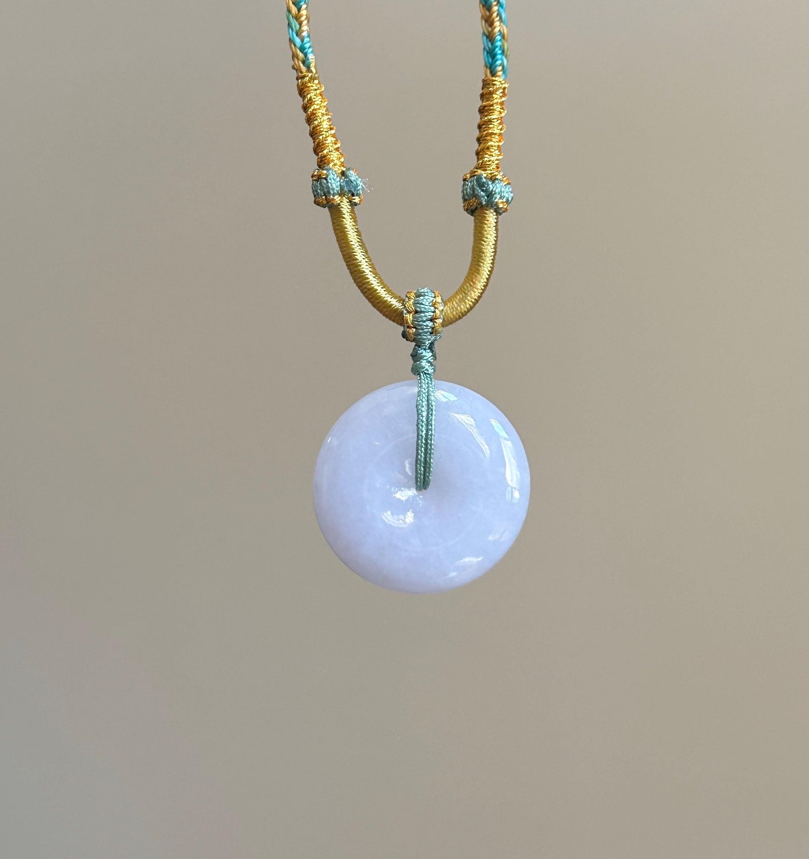 Natural Jadeite Lucky Donut Pendant Handwoven Necklace Burmese Type A Translucent Icy Bluish Lavender Jade PingAnKou 25.4 x 5.8mm