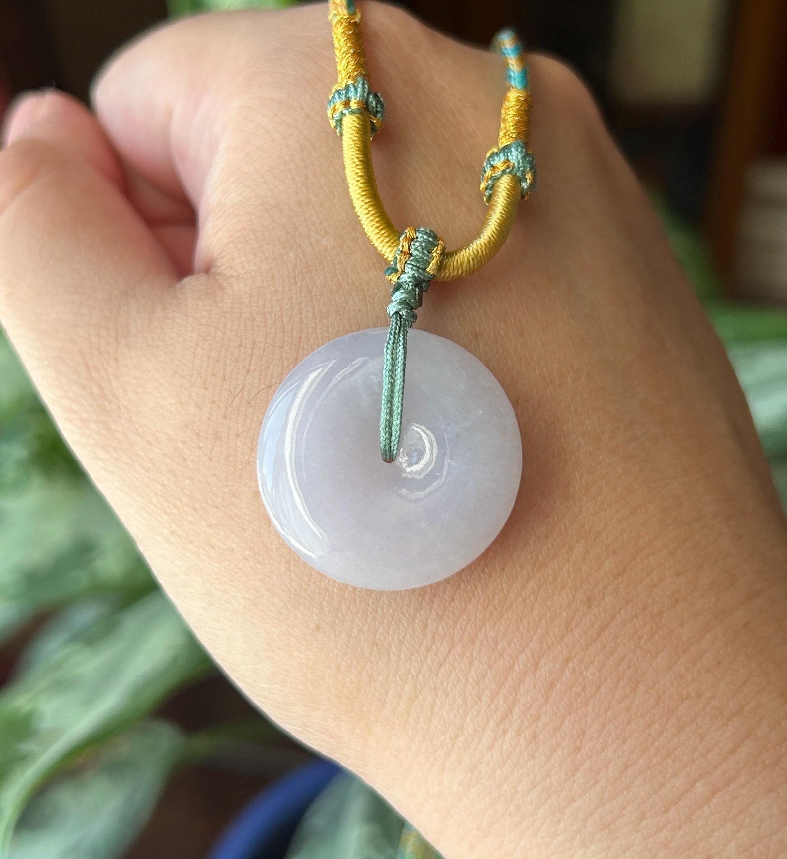 Natural Jadeite Lucky Donut Pendant Handwoven Necklace Burmese Type A Translucent Icy Bluish Lavender Jade PingAnKou 25.4 x 5.8mm