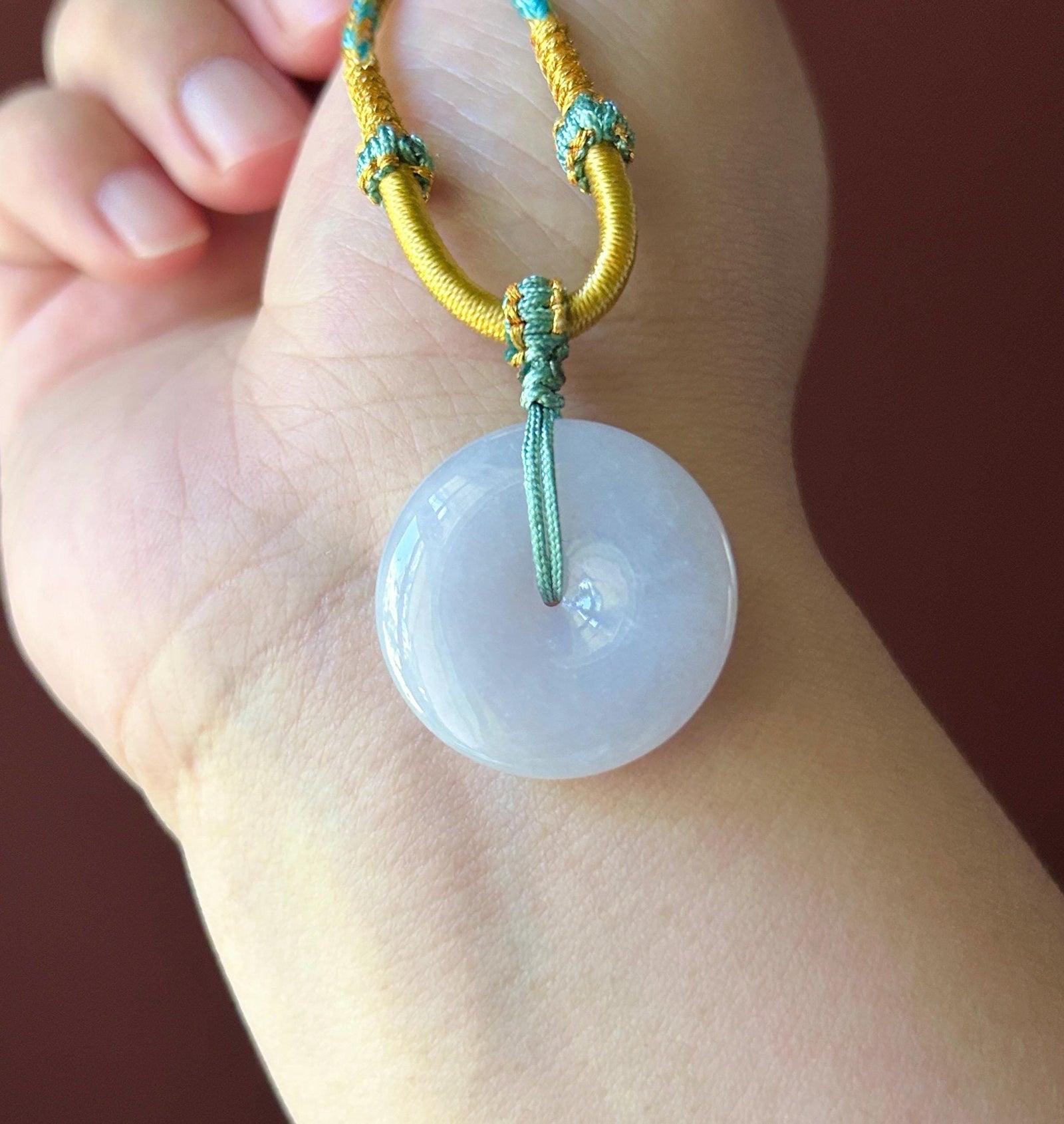 Natural Jadeite Lucky Donut Pendant Handwoven Necklace Burmese Type A Translucent Icy Bluish Lavender Jade PingAnKou 25.4 x 5.8mm