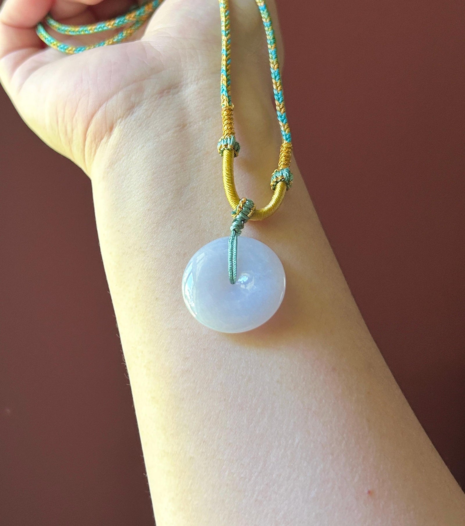 Natural Jadeite Lucky Donut Pendant Handwoven Necklace Burmese Type A Translucent Icy Bluish Lavender Jade PingAnKou 25.4 x 5.8mm