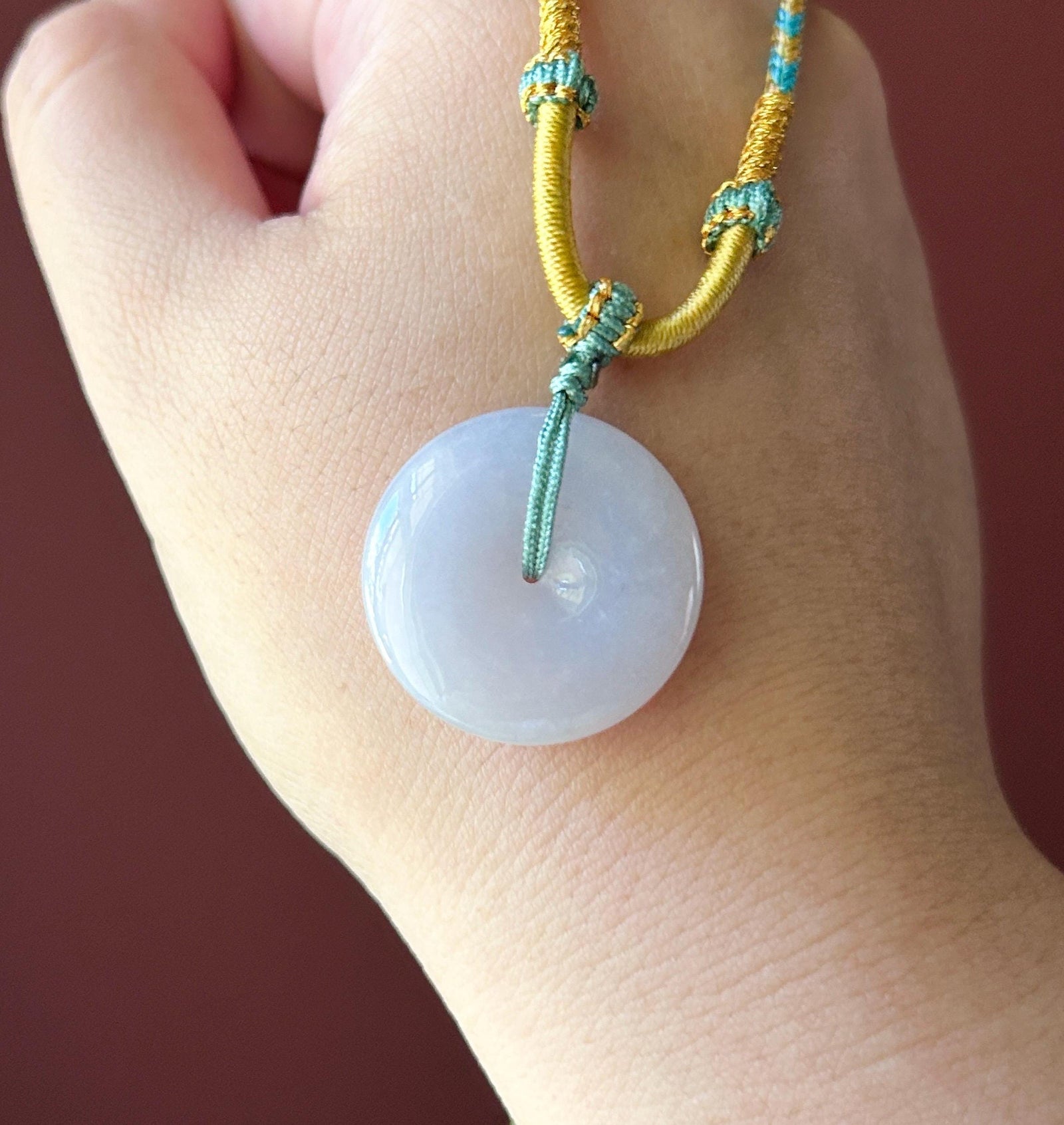 Natural Jadeite Lucky Donut Pendant Handwoven Necklace Burmese Type A Translucent Icy Bluish Lavender Jade PingAnKou 25.4 x 5.8mm