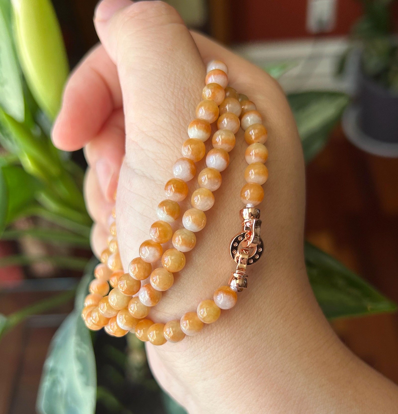 Certified Natural Jadeite Beaded Stacked Bracelet/Necklace Jewelry Burmese Type A Icy YuanYang Orange Jade 5.3mm
