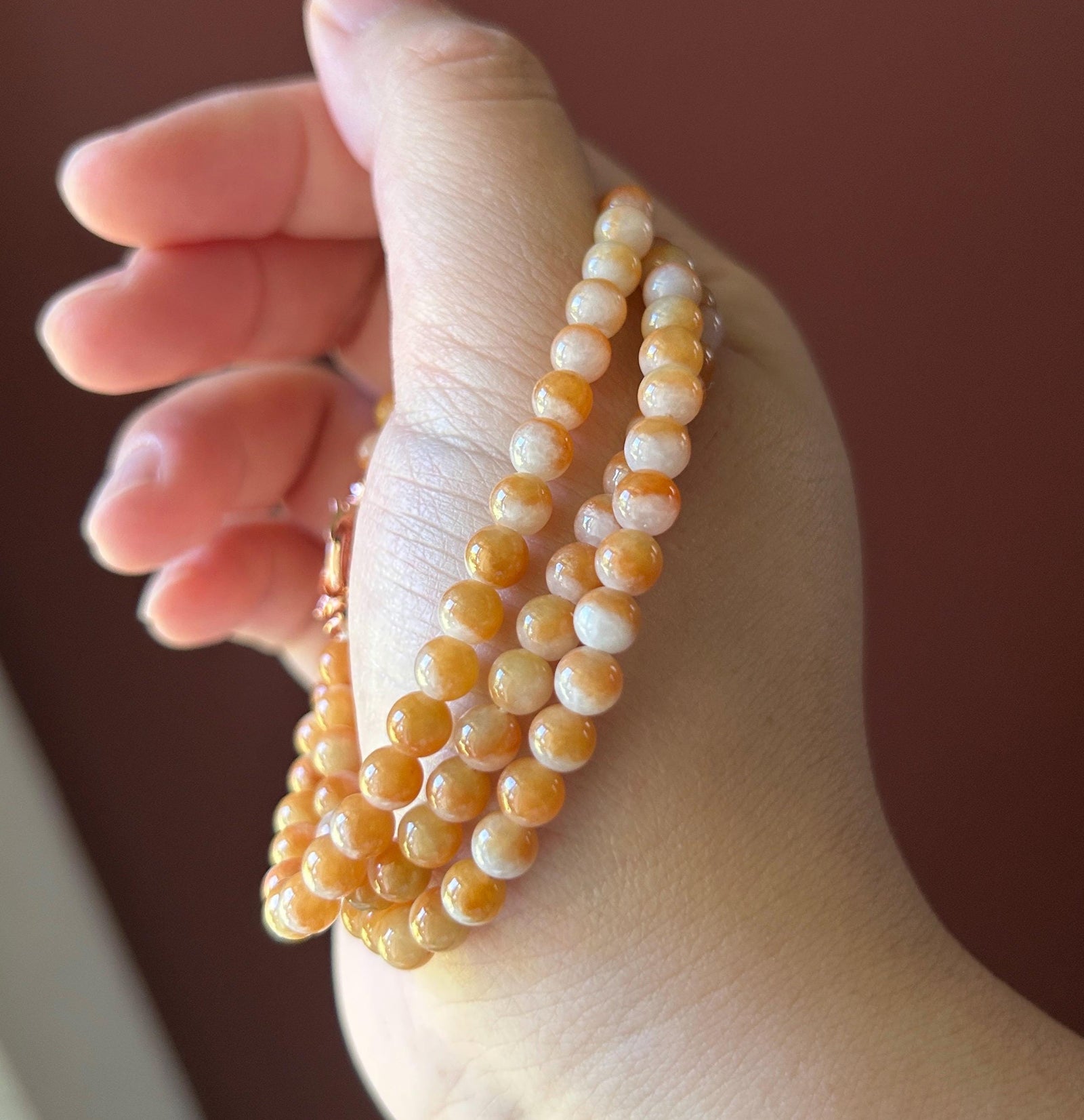 Certified Natural Jadeite Beaded Stacked Bracelet/Necklace Jewelry Burmese Type A Icy YuanYang Orange Jade 5.3mm