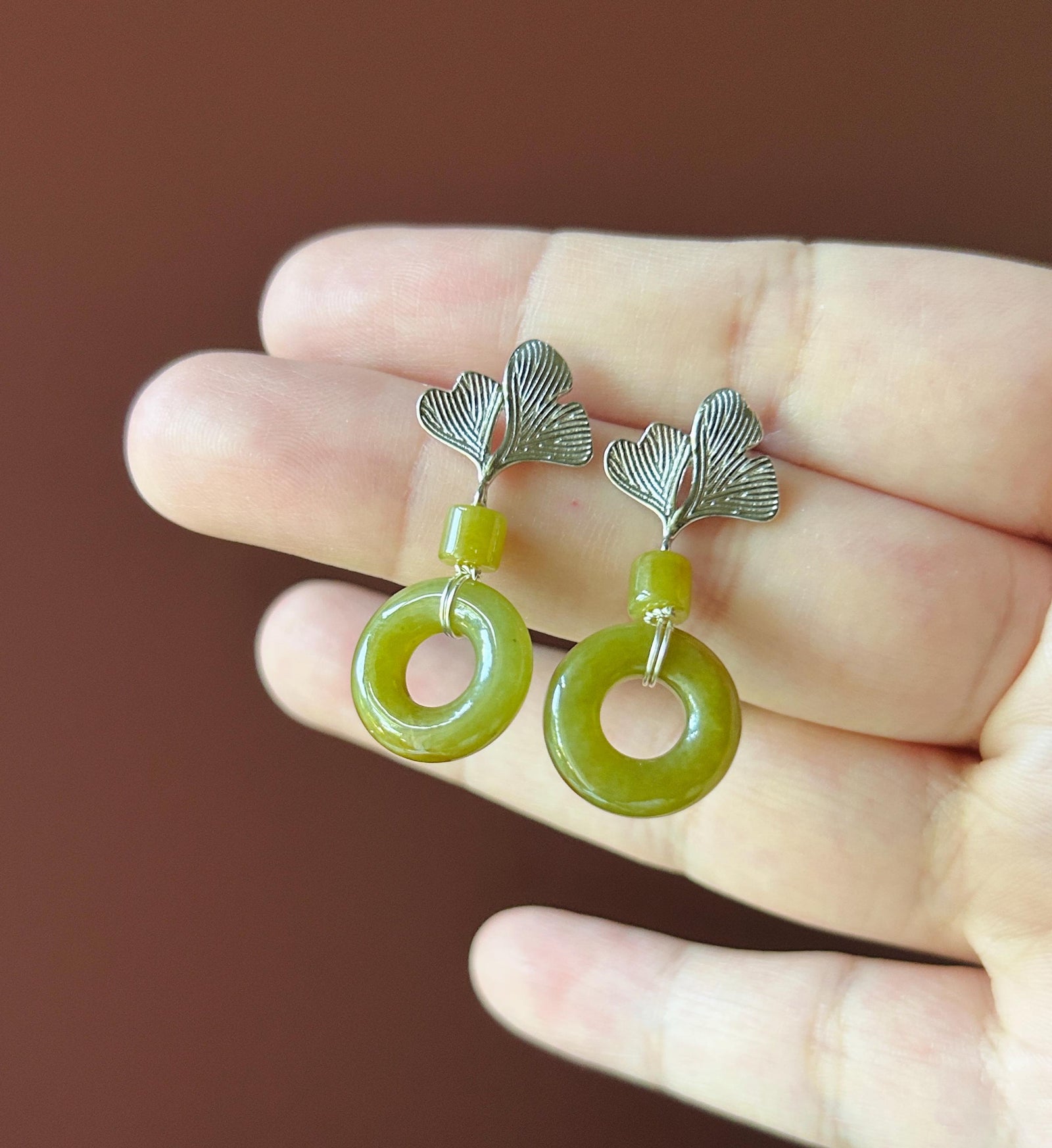 Certified Natural Jadeite Lucky Donut Earrings: Burmese Type A Icy Translucent Green Tea/ Olive Yellow Jade, Ginkgo Style Sterling Silver