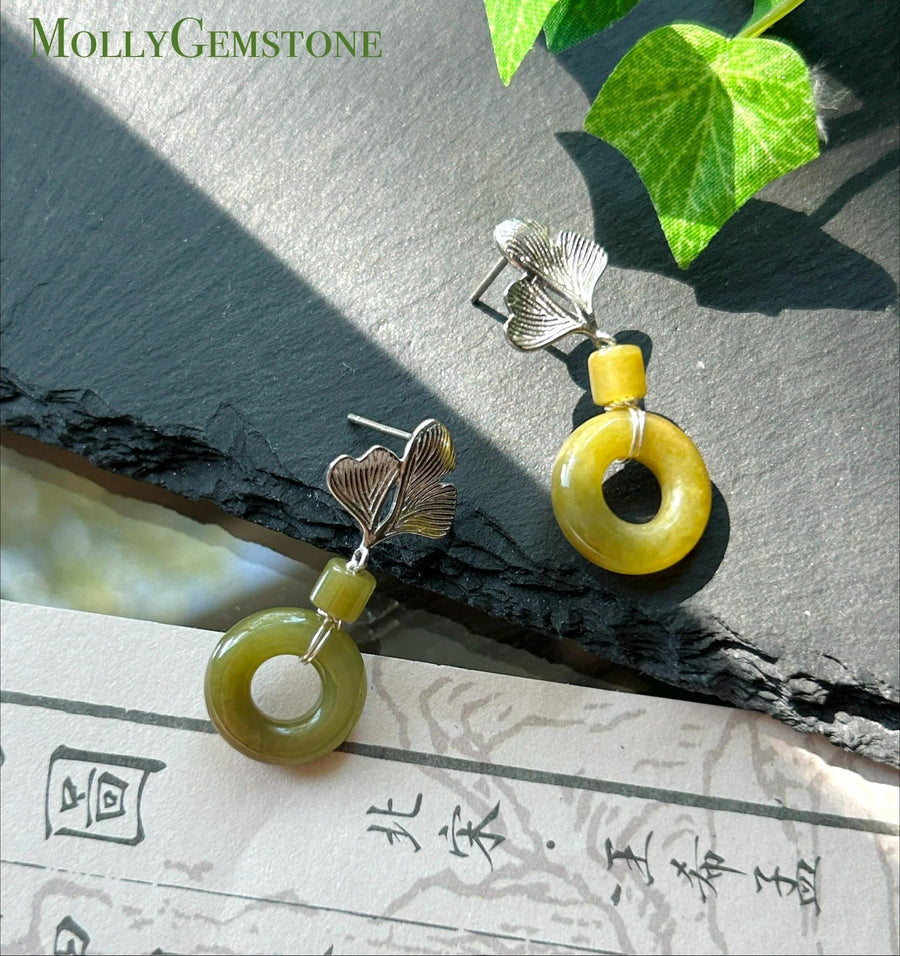 Certified Natural Jadeite Lucky Donut Earrings: Burmese Type A Icy Translucent Green Tea/ Olive Yellow Jade, Ginkgo Style Sterling Silver