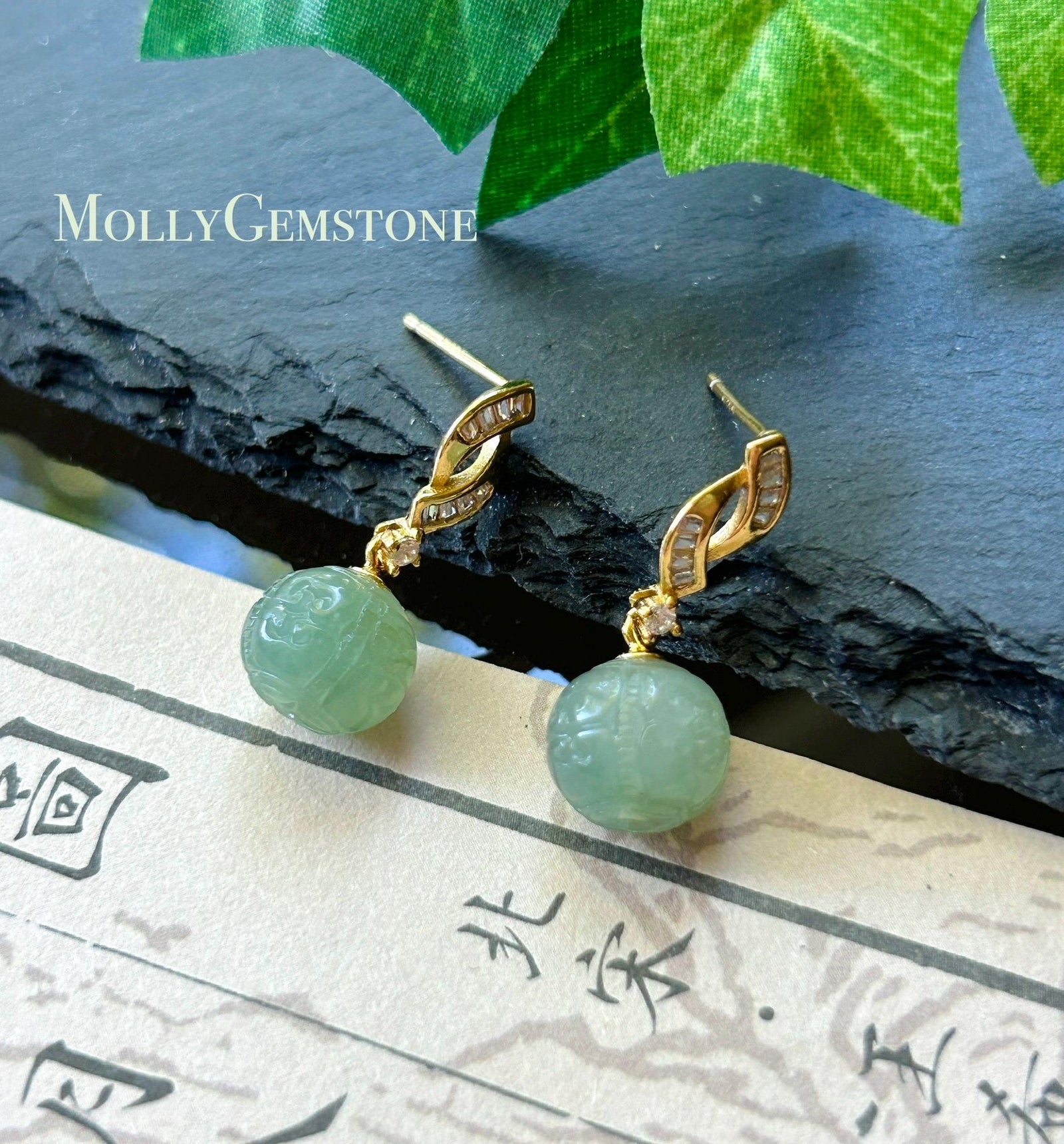 Natural Jadeite Handcarved Beaded Earrings: Burmese Type A Icy Translucent Green Jade, Sterling Silver