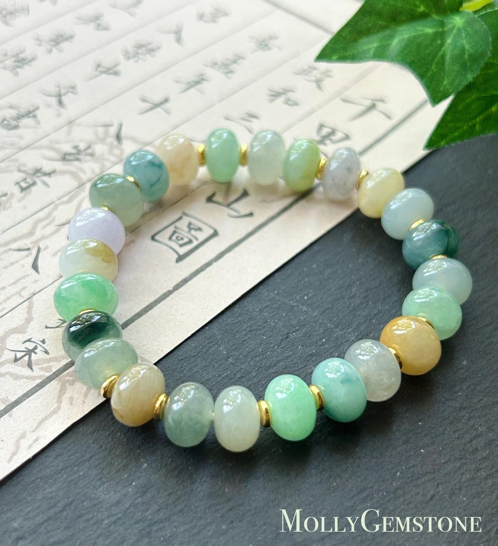 Natural Jadeite Beaded Bracelet Burmese Type A Highly Translucent Fine Icy Multicolor Floral Jade 9mm Minimalist Jewelry