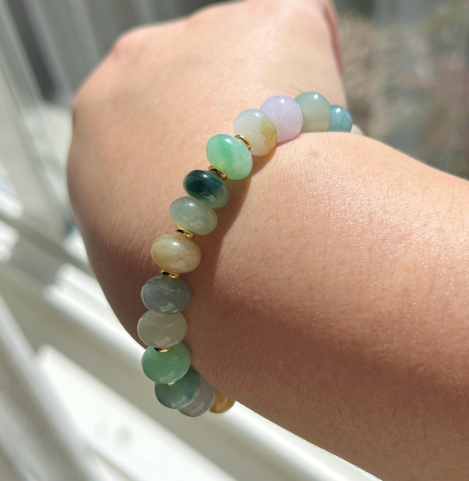 Natural Jadeite Beaded Bracelet Burmese Type A Highly Translucent Fine Icy Multicolor Floral Jade 9mm Minimalist Jewelry