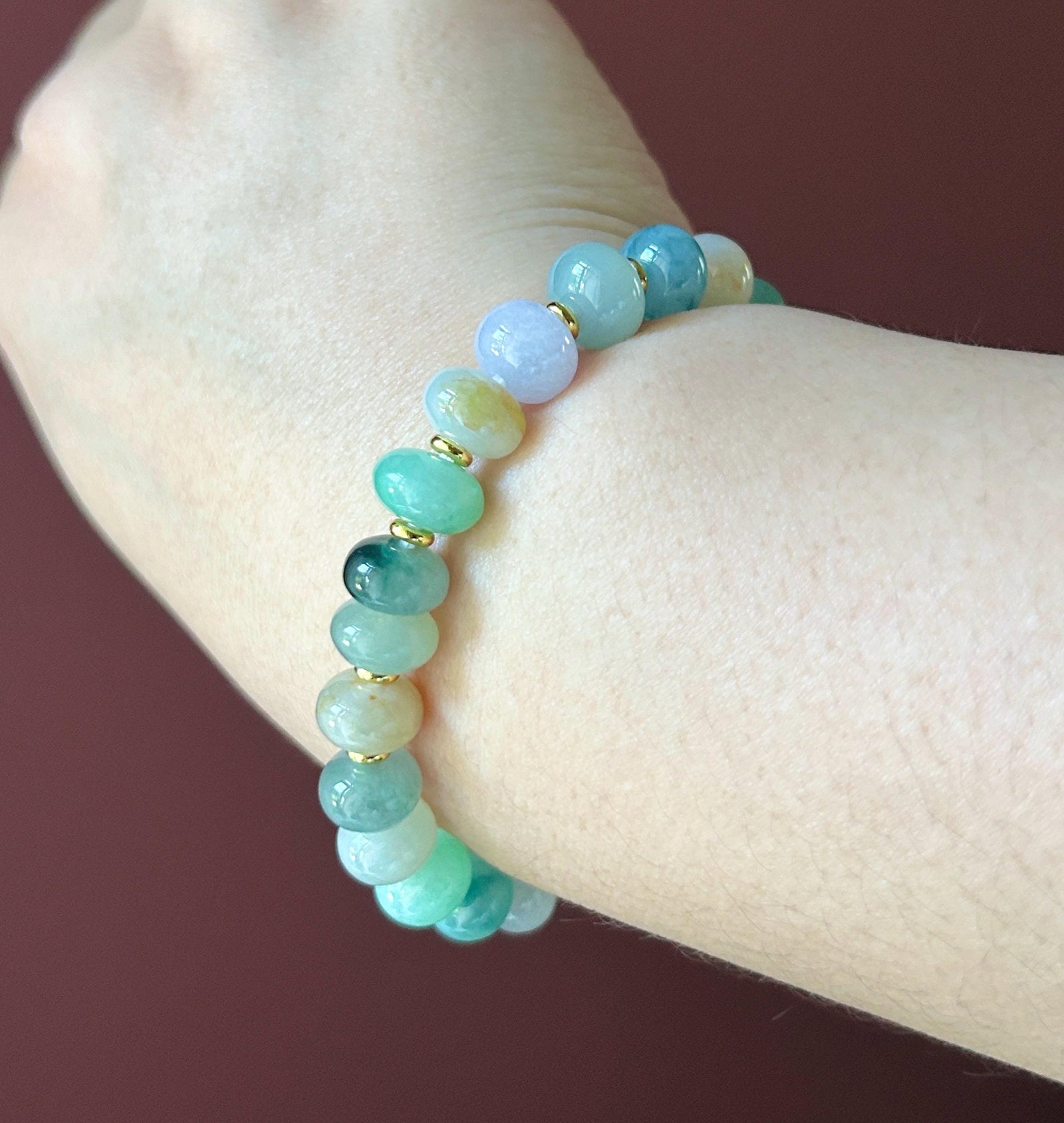 Natural Jadeite Beaded Bracelet Burmese Type A Highly Translucent Fine Icy Multicolor Floral Jade 9mm Minimalist Jewelry