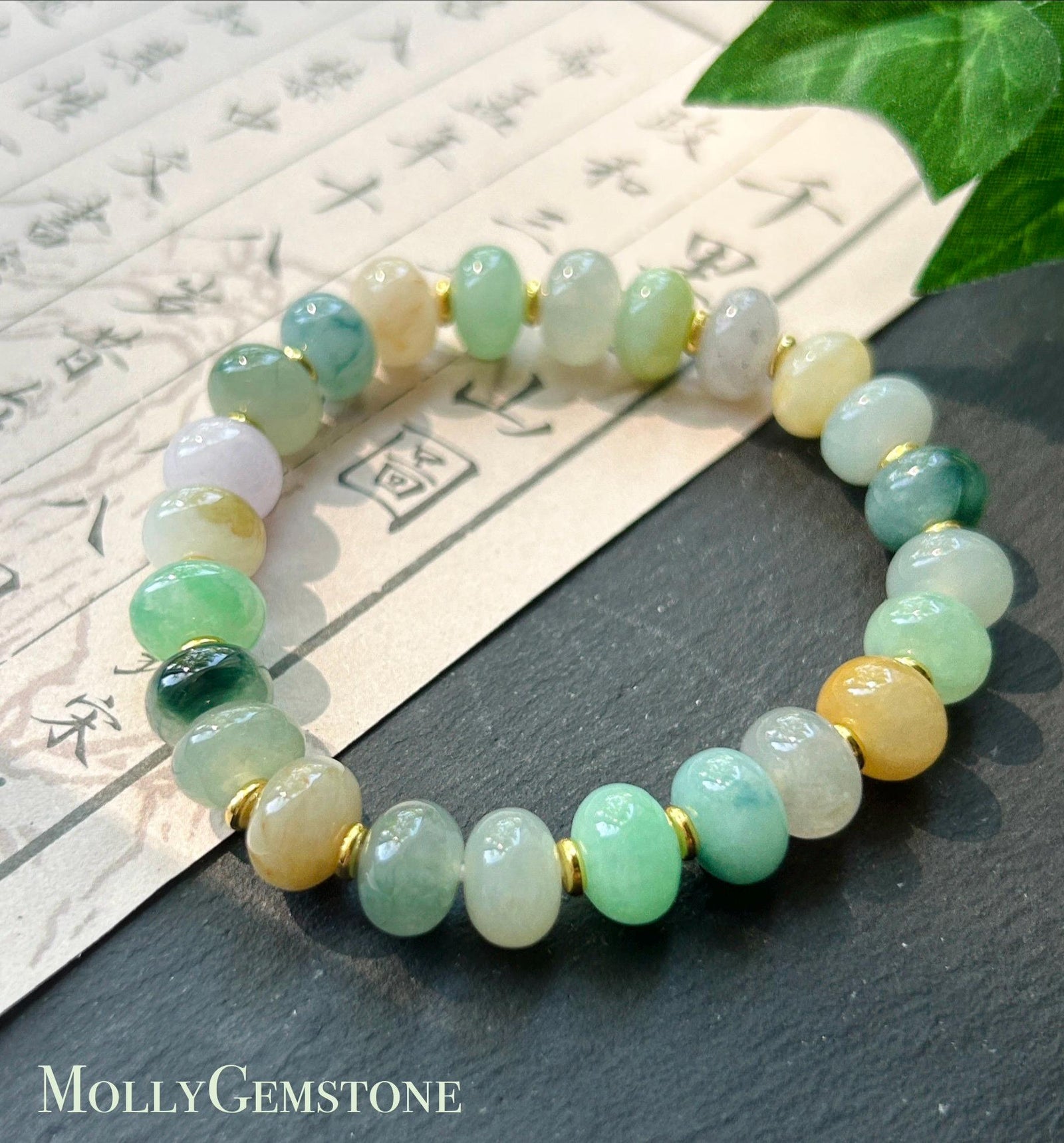 Natural Jadeite Beaded Bracelet Burmese Type A Highly Translucent Fine Icy Multicolor Floral Jade 9mm Minimalist Jewelry