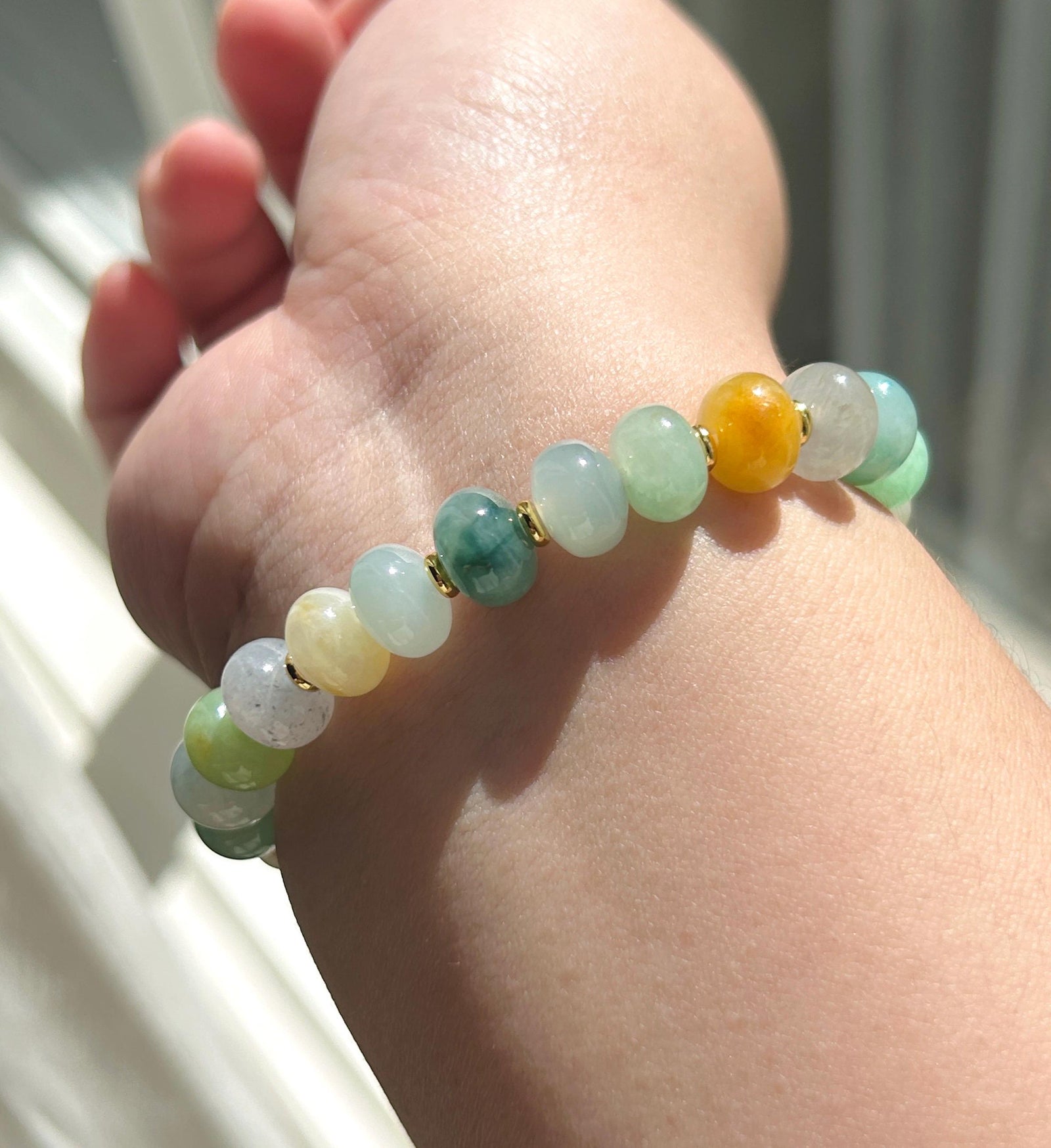 Natural Jadeite Beaded Bracelet Burmese Type A Highly Translucent Fine Icy Multicolor Floral Jade 9mm Minimalist Jewelry