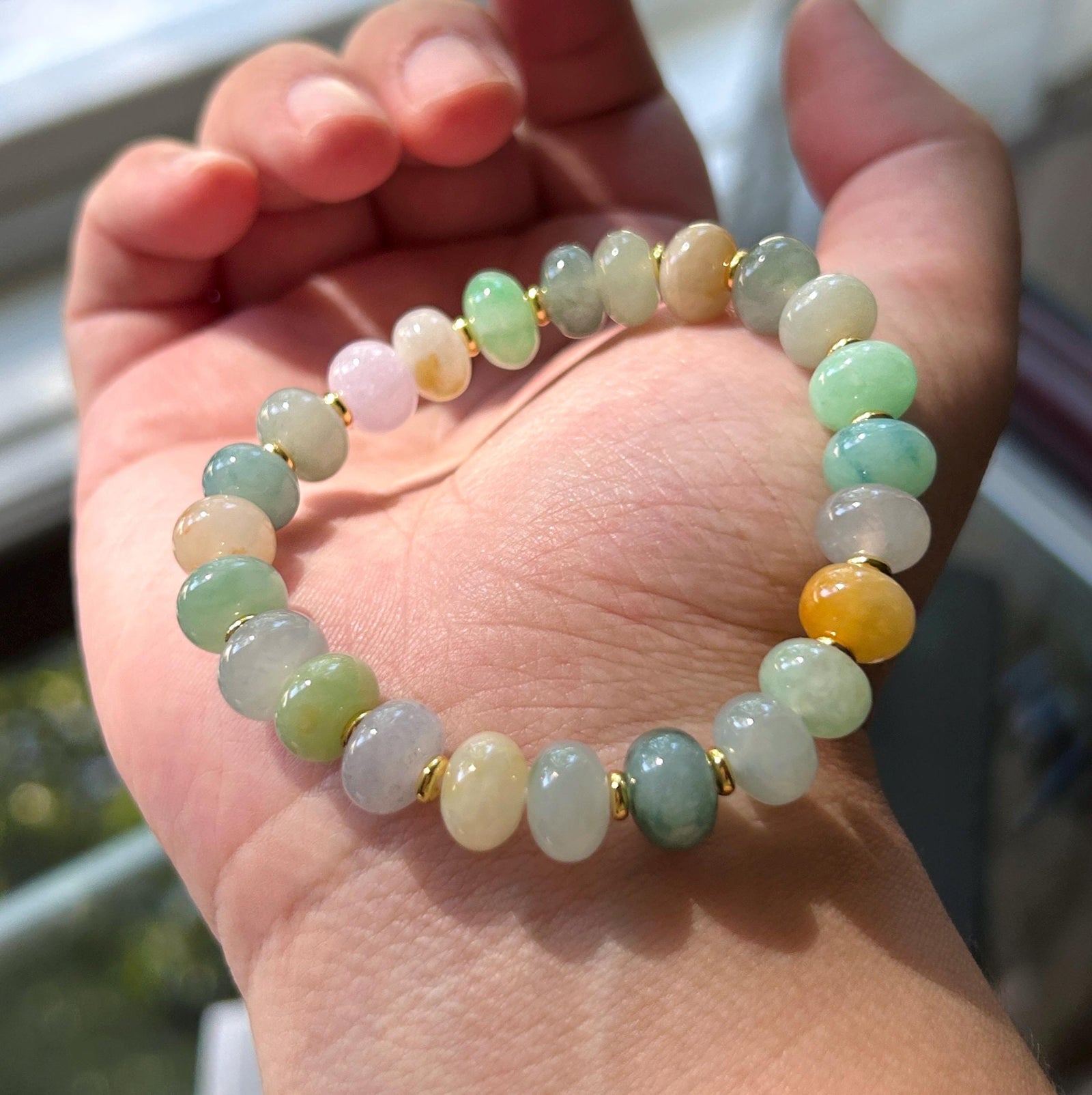 Natural Jadeite Beaded Bracelet Burmese Type A Highly Translucent Fine Icy Multicolor Floral Jade 9mm Minimalist Jewelry