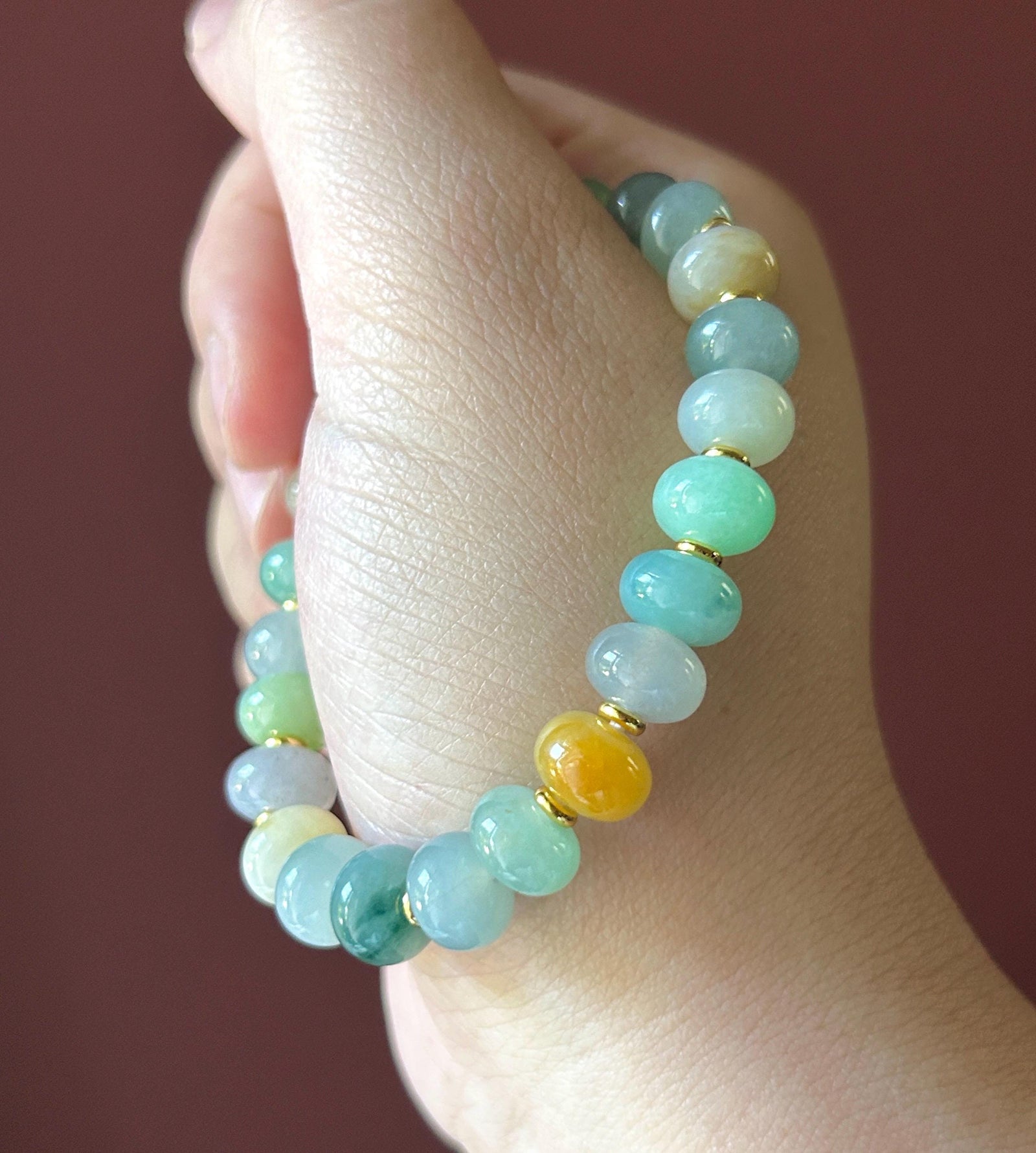Natural Jadeite Beaded Bracelet Burmese Type A Highly Translucent Fine Icy Multicolor Floral Jade 9mm Minimalist Jewelry