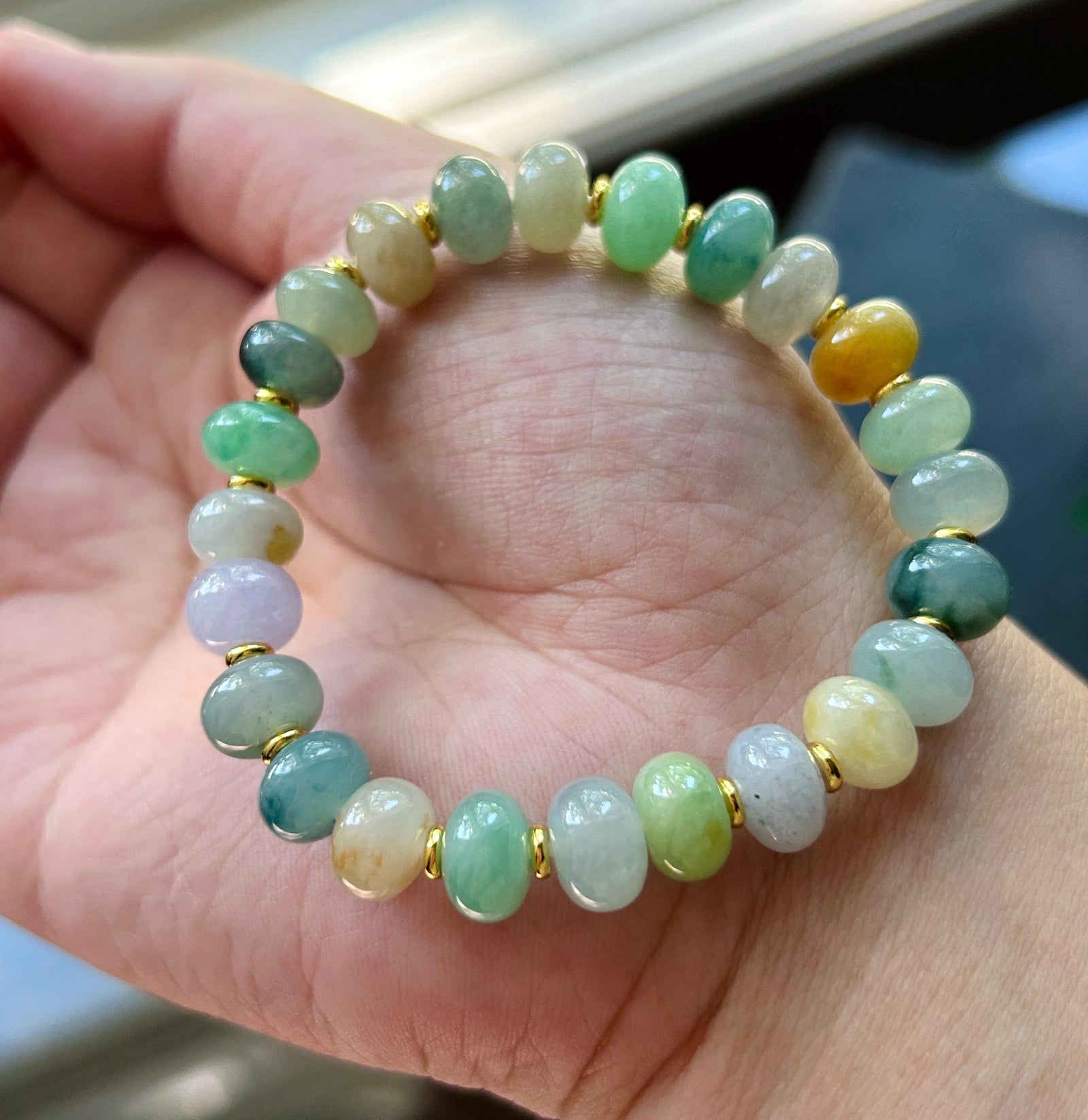 Natural Jadeite Beaded Bracelet Burmese Type A Highly Translucent Fine Icy Multicolor Floral Jade 9mm Minimalist Jewelry