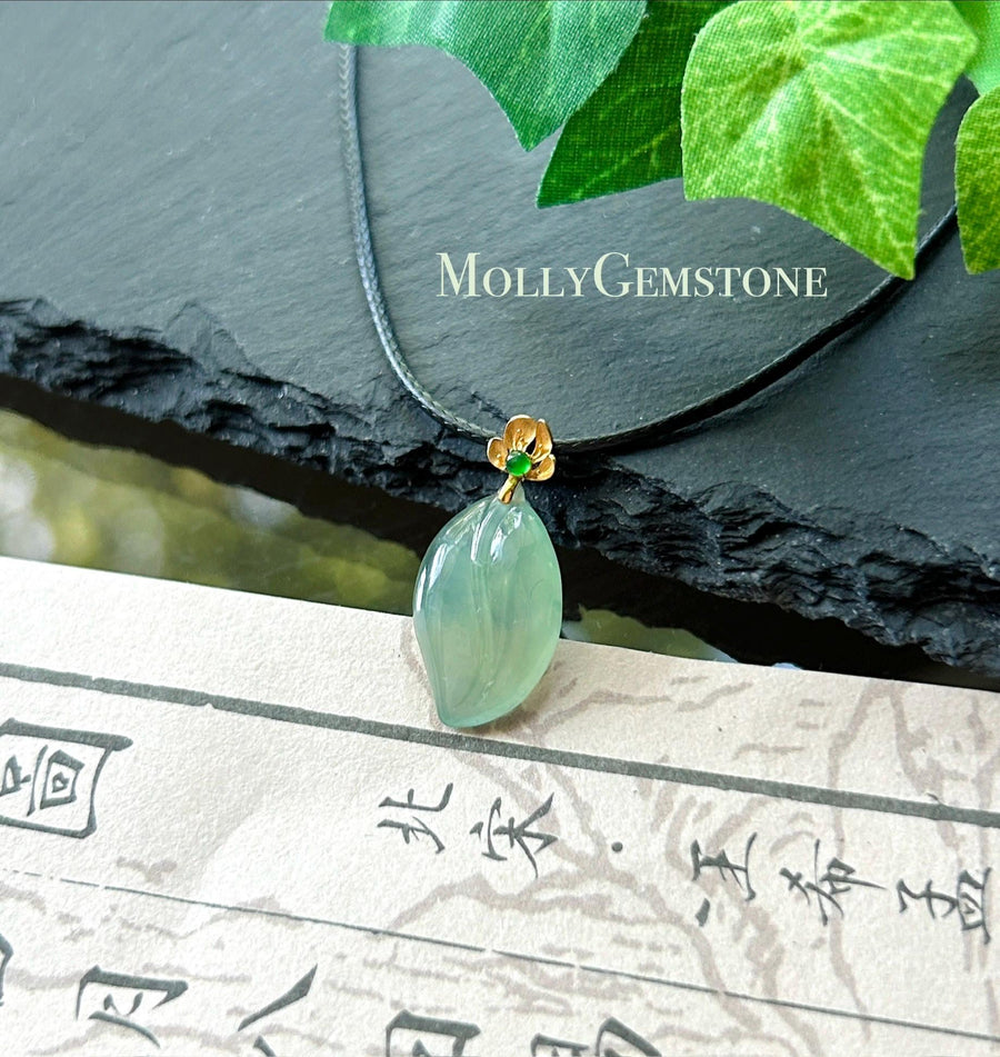 Certified Natural Jadeite Petite Leaf Pendant 18k Solid Gold Bail | Burmese Type A Highly Translucent Icy Mint Green Jade