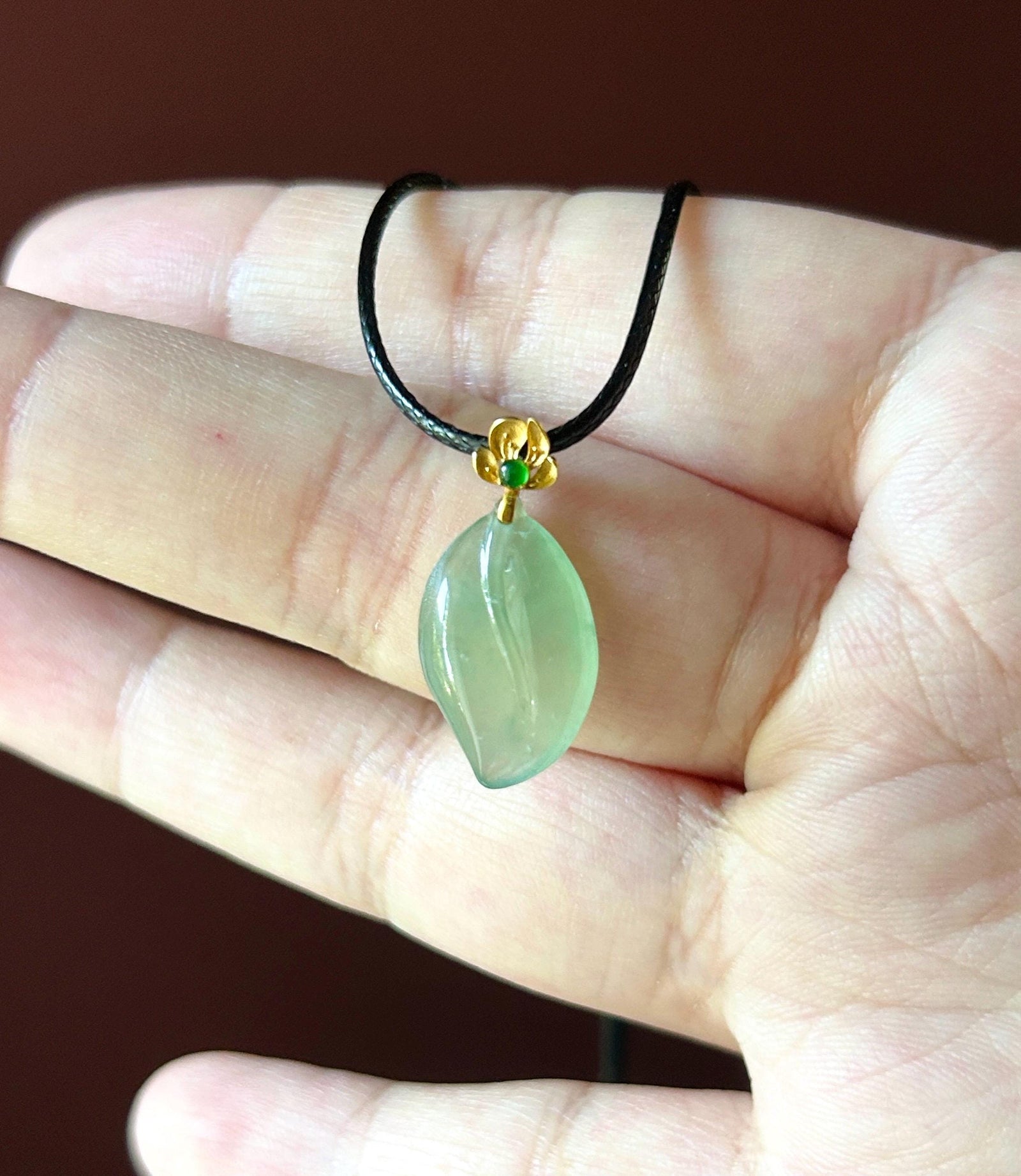 Certified Natural Jadeite Petite Leaf Pendant 18k Solid Gold Bail | Burmese Type A Highly Translucent Icy Mint Green Jade