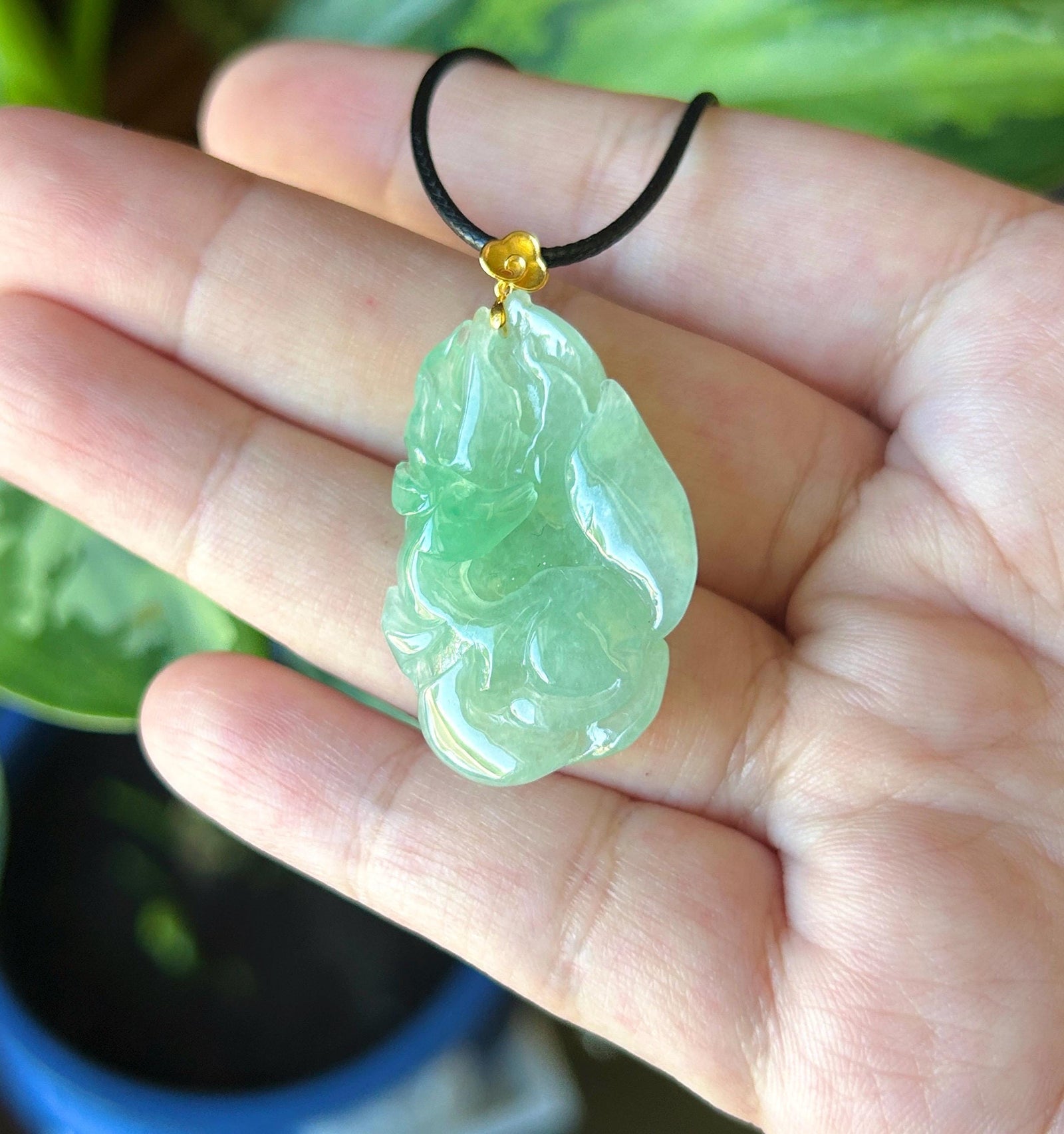 Natural Jadeite Nine Tail Fox Pendant 18k Solid Gold Bail | Burmese Type A Highly Translucent Icy Vivid Apple Minty Green Jade