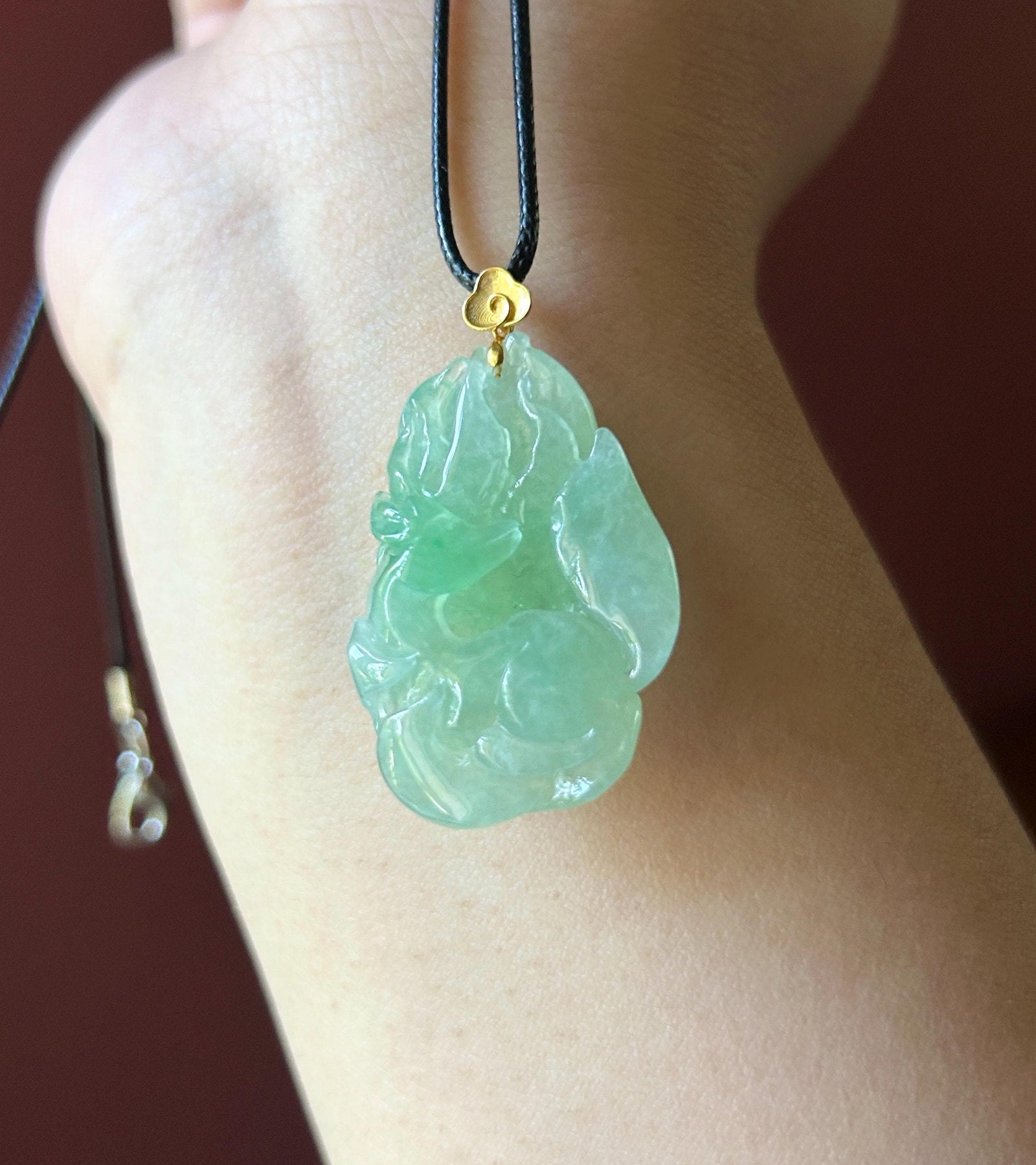 Natural Jadeite Nine Tail Fox Pendant 18k Solid Gold Bail | Burmese Type A Highly Translucent Icy Vivid Apple Minty Green Jade