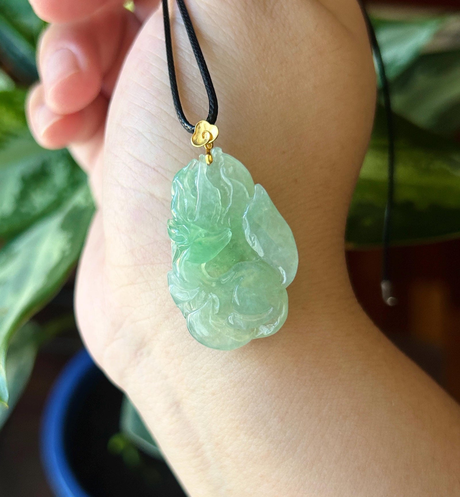 Natural Jadeite Nine Tail Fox Pendant 18k Solid Gold Bail | Burmese Type A Highly Translucent Icy Vivid Apple Minty Green Jade