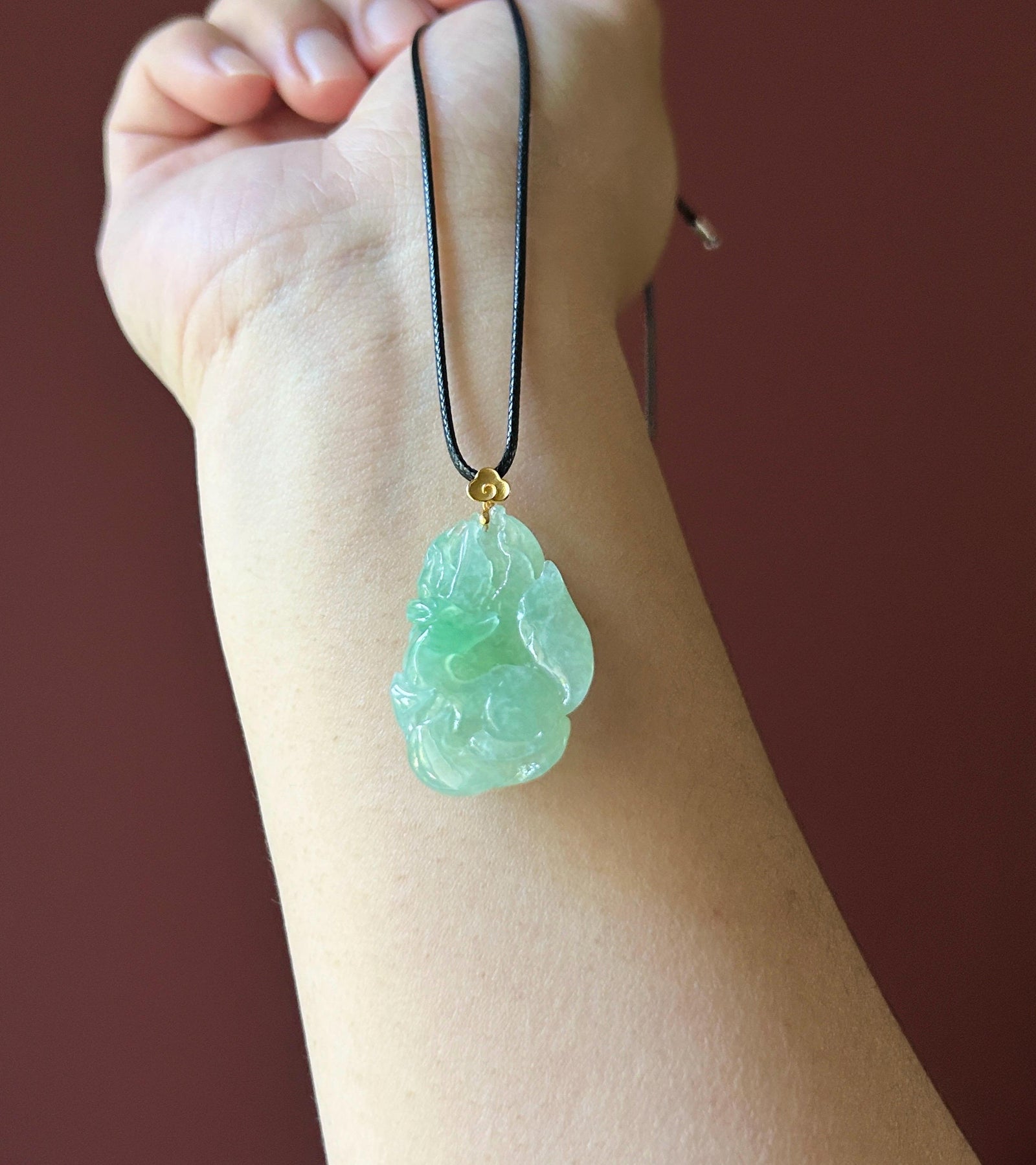 Natural Jadeite Nine Tail Fox Pendant 18k Solid Gold Bail | Burmese Type A Highly Translucent Icy Vivid Apple Minty Green Jade