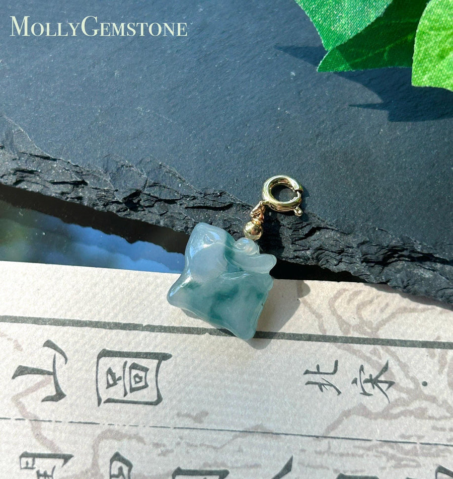 Certified Natural Jadeite Petite Deer Charm | Burmese Type A Highly Translucent Icy Blue with Bluish Green Floral Floral Jade