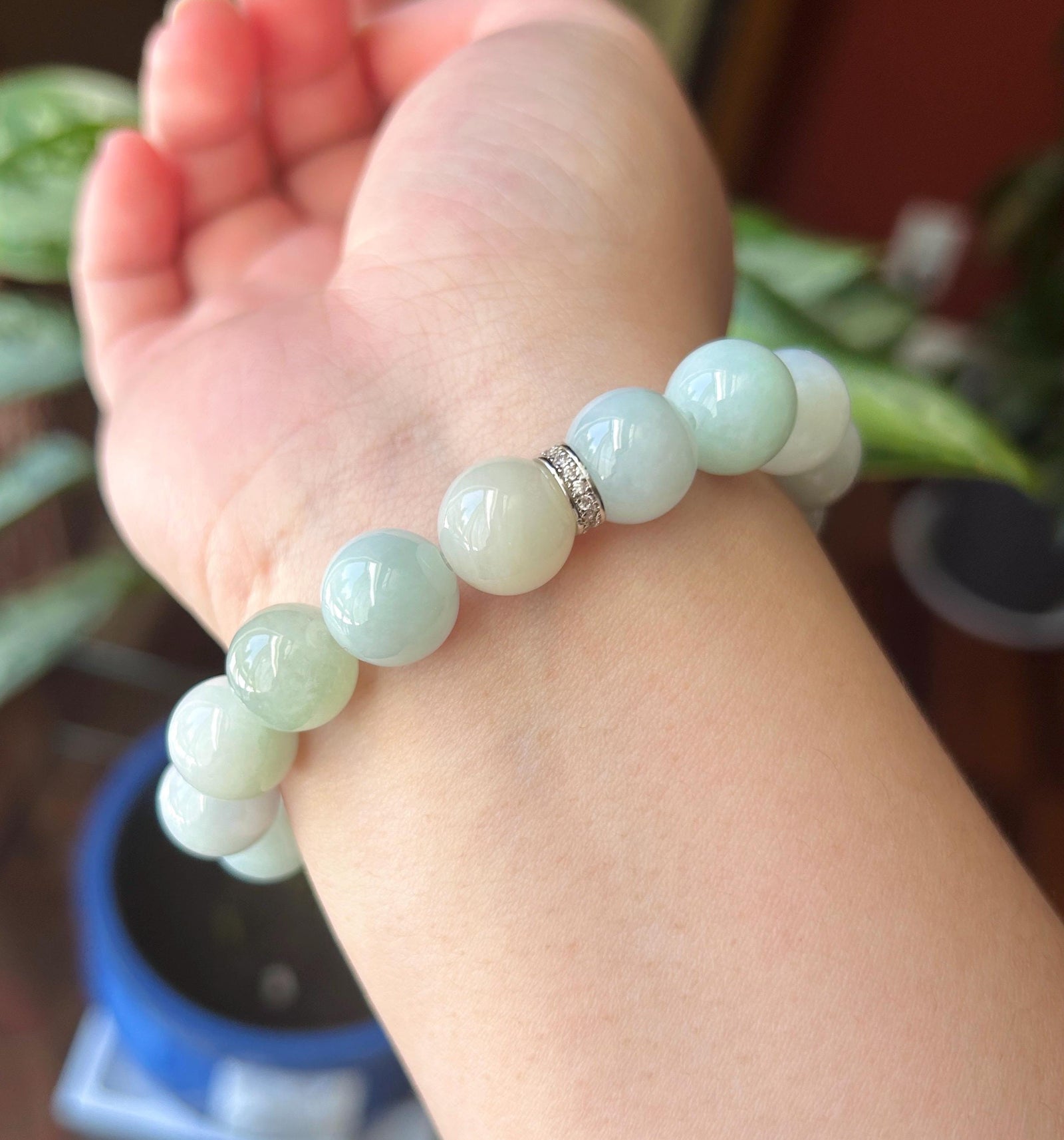 Natural Jadeite Beaded Bracelet Burmese Type A Untreated Fine Glutinous Macaron Pale Aqua Blue & Light Green Jade 12mm BIG Beads