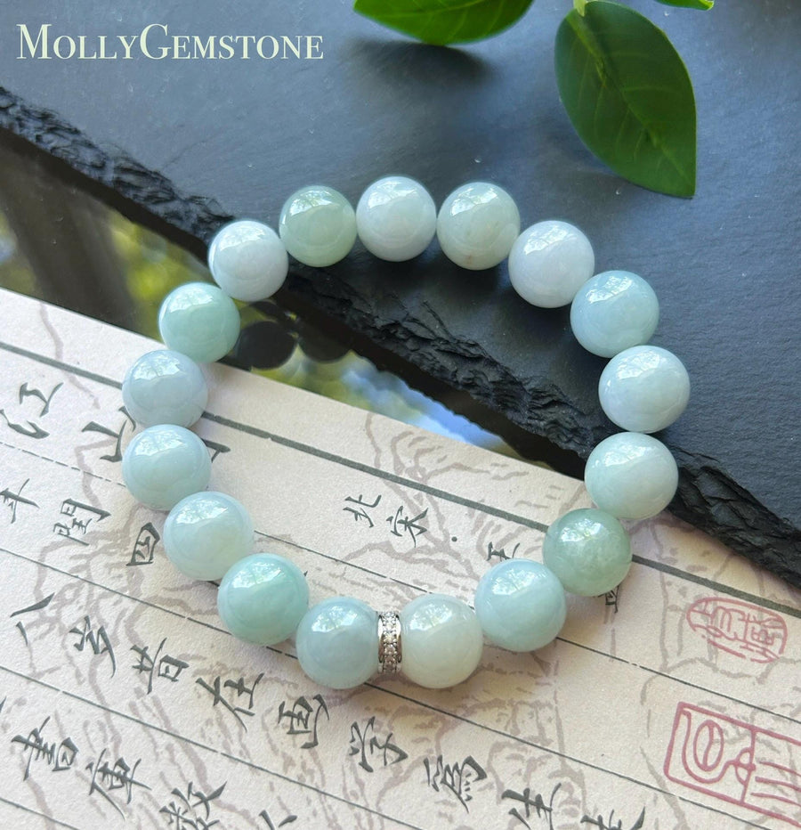 Natural Jadeite Beaded Bracelet Burmese Type A Untreated Fine Glutinous Macaron Pale Aqua Blue & Light Green Jade 12mm BIG Beads