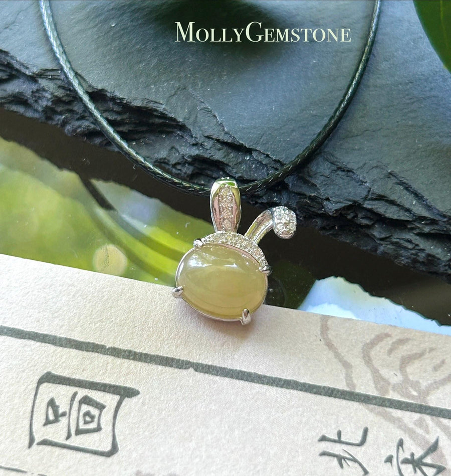 Natural Jadeite Petite Bunny Pendant 925 Sterling Silver | Burmese Type A Unheated Translucent Icy Honey Yellow Jade
