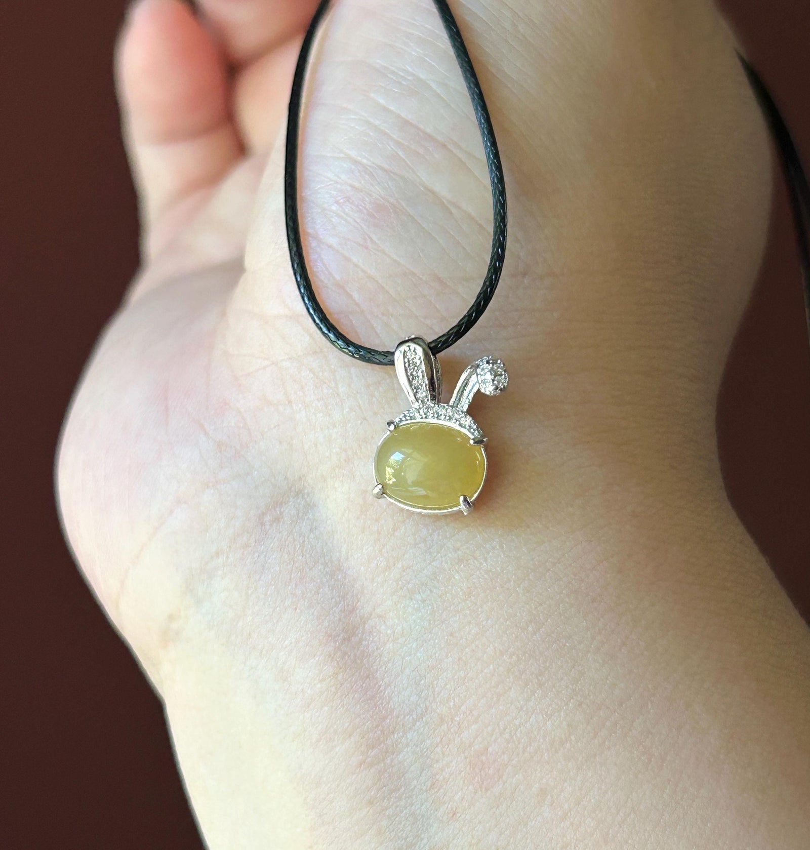 Natural Jadeite Petite Bunny Pendant 925 Sterling Silver | Burmese Type A Unheated Translucent Icy Honey Yellow Jade