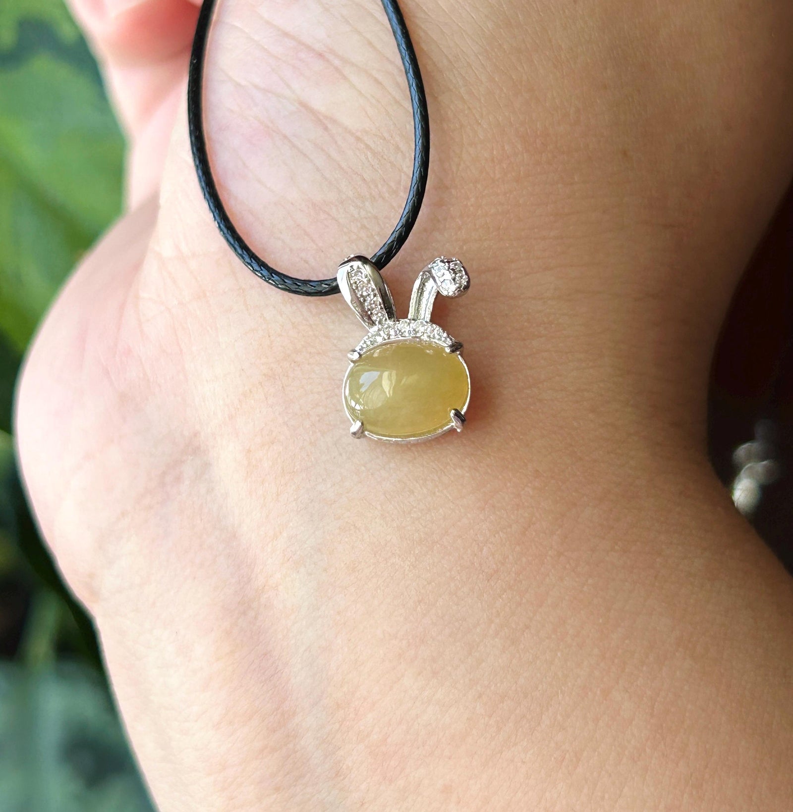 Natural Jadeite Petite Bunny Pendant 925 Sterling Silver | Burmese Type A Unheated Translucent Icy Honey Yellow Jade