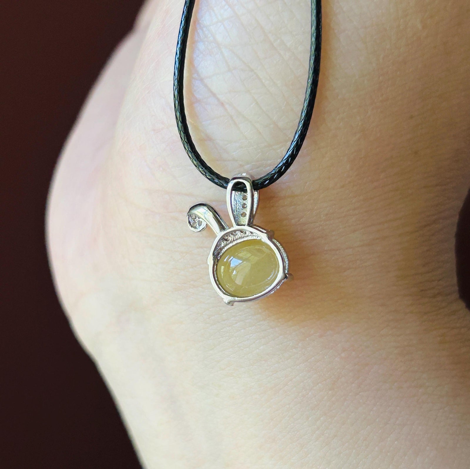 Natural Jadeite Petite Bunny Pendant 925 Sterling Silver | Burmese Type A Unheated Translucent Icy Honey Yellow Jade