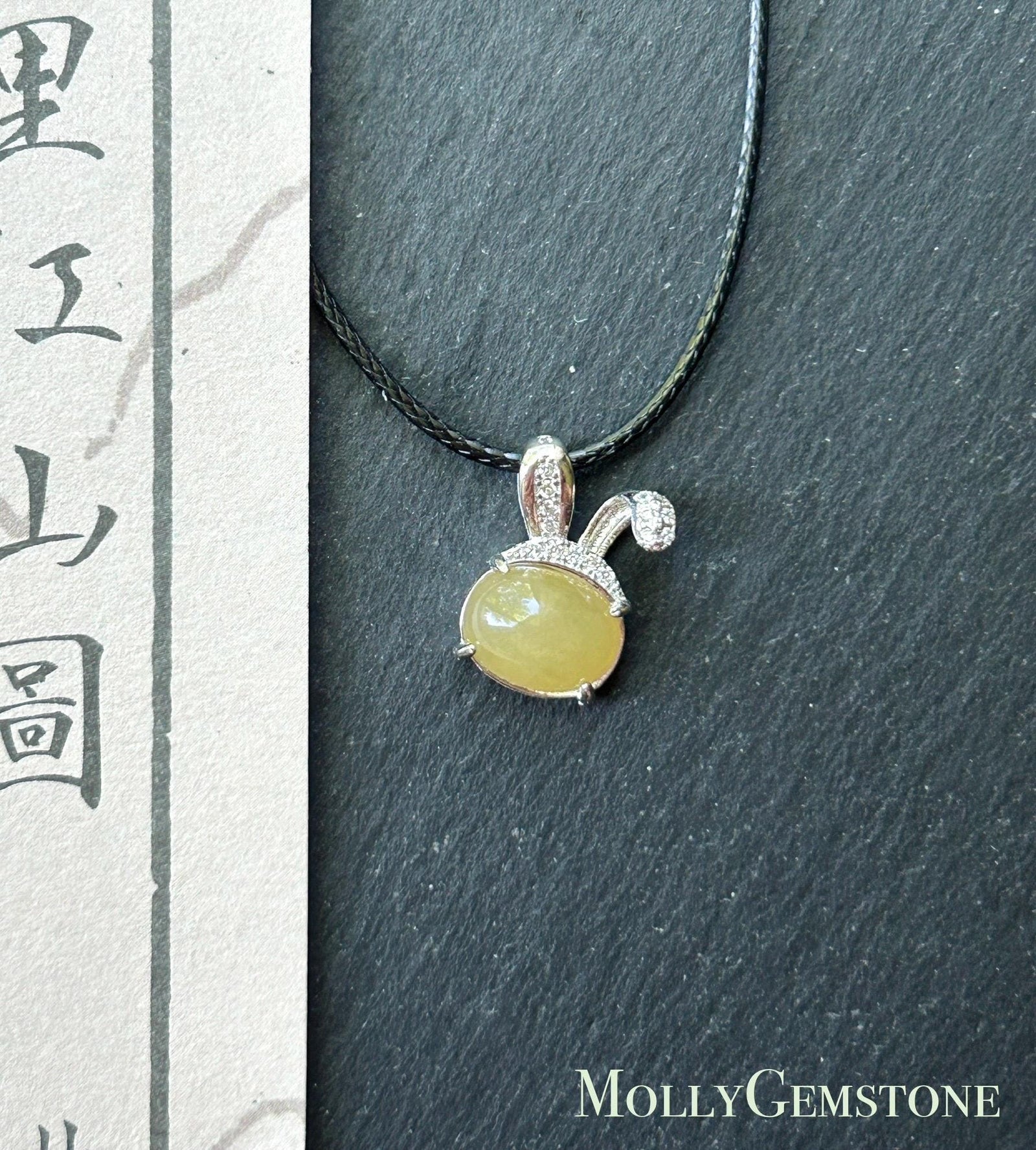 Natural Jadeite Petite Bunny Pendant 925 Sterling Silver | Burmese Type A Unheated Translucent Icy Honey Yellow Jade