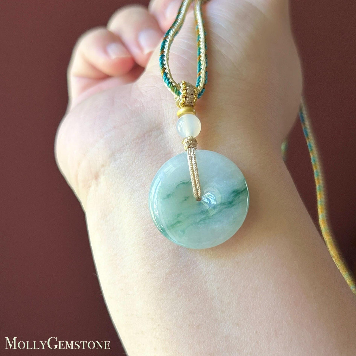 Natural Jadeite Lucky Donut Pendant Handwoven Necklace Burmese Type A Translucent Icy Bluish Green Floral Jade PingAnKou 24.5 x 5.4mm