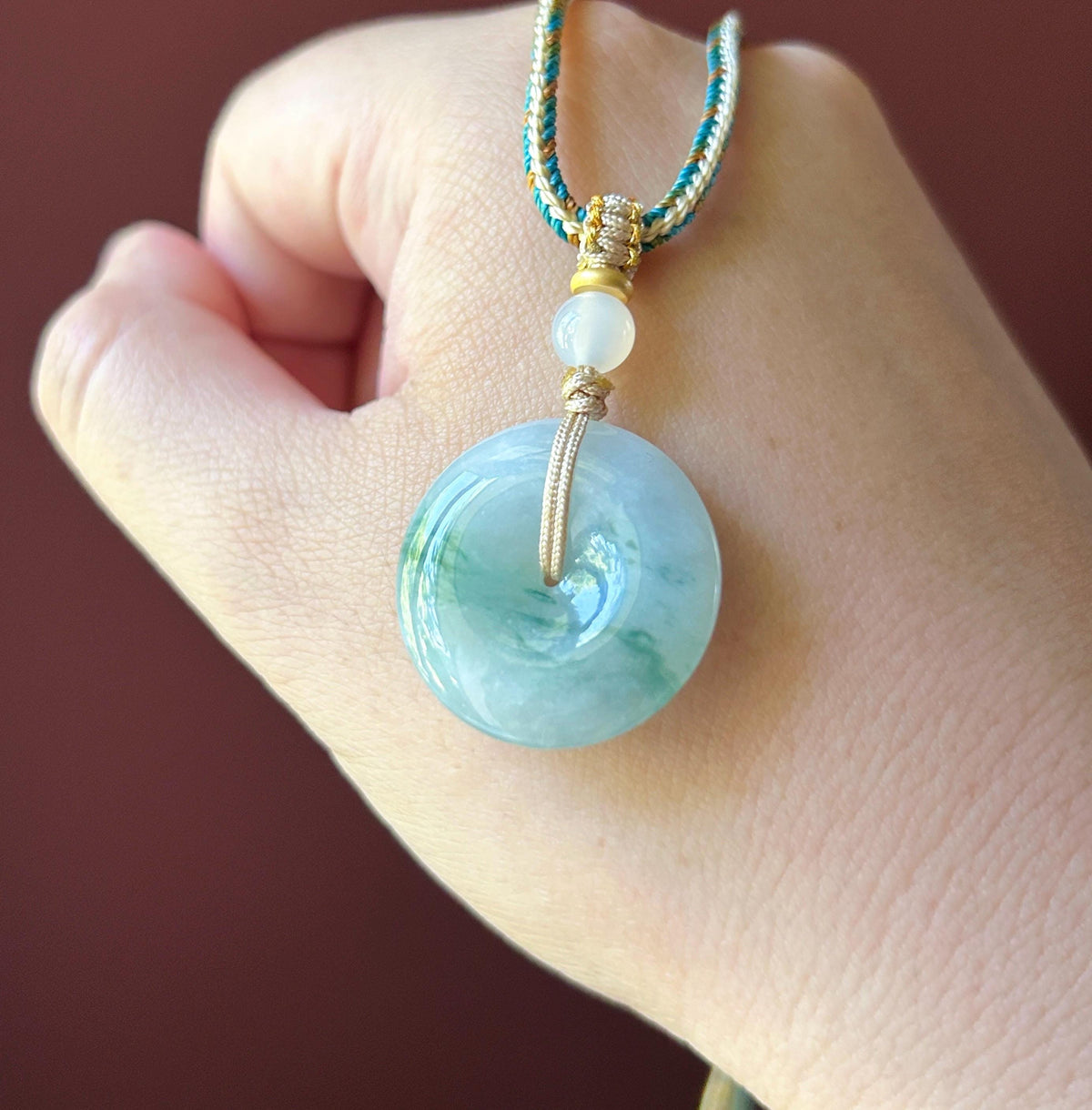 Natural Jadeite Lucky Donut Pendant Handwoven Necklace Burmese Type A Translucent Icy Bluish Green Floral Jade PingAnKou 24.5 x 5.4mm