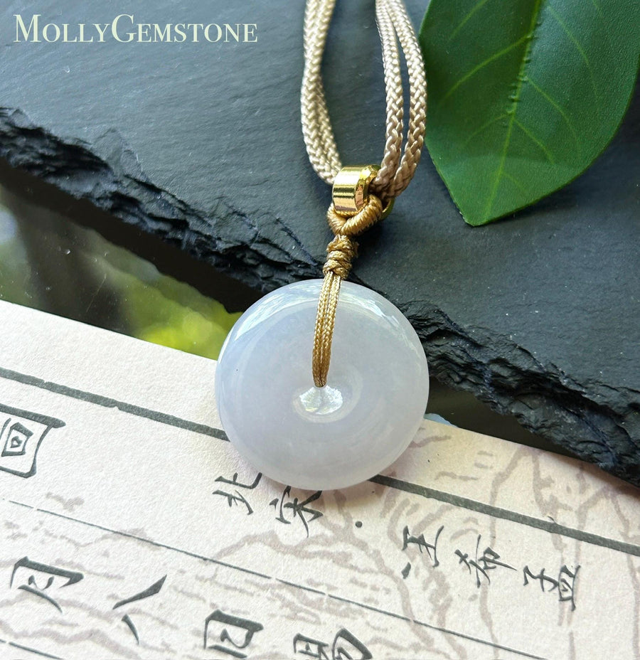 Natural Jadeite Lucky Donut Pendant Handwoven Necklace Burmese Type A Highly Translucent Icy White Jade PingAnKou 23.7 x 5.9mm