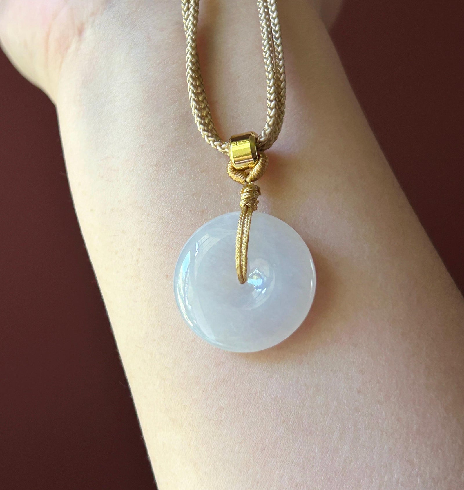 Natural Jadeite Lucky Donut Pendant Handwoven Necklace Burmese Type A Highly Translucent Icy White Jade PingAnKou 23.7 x 5.9mm
